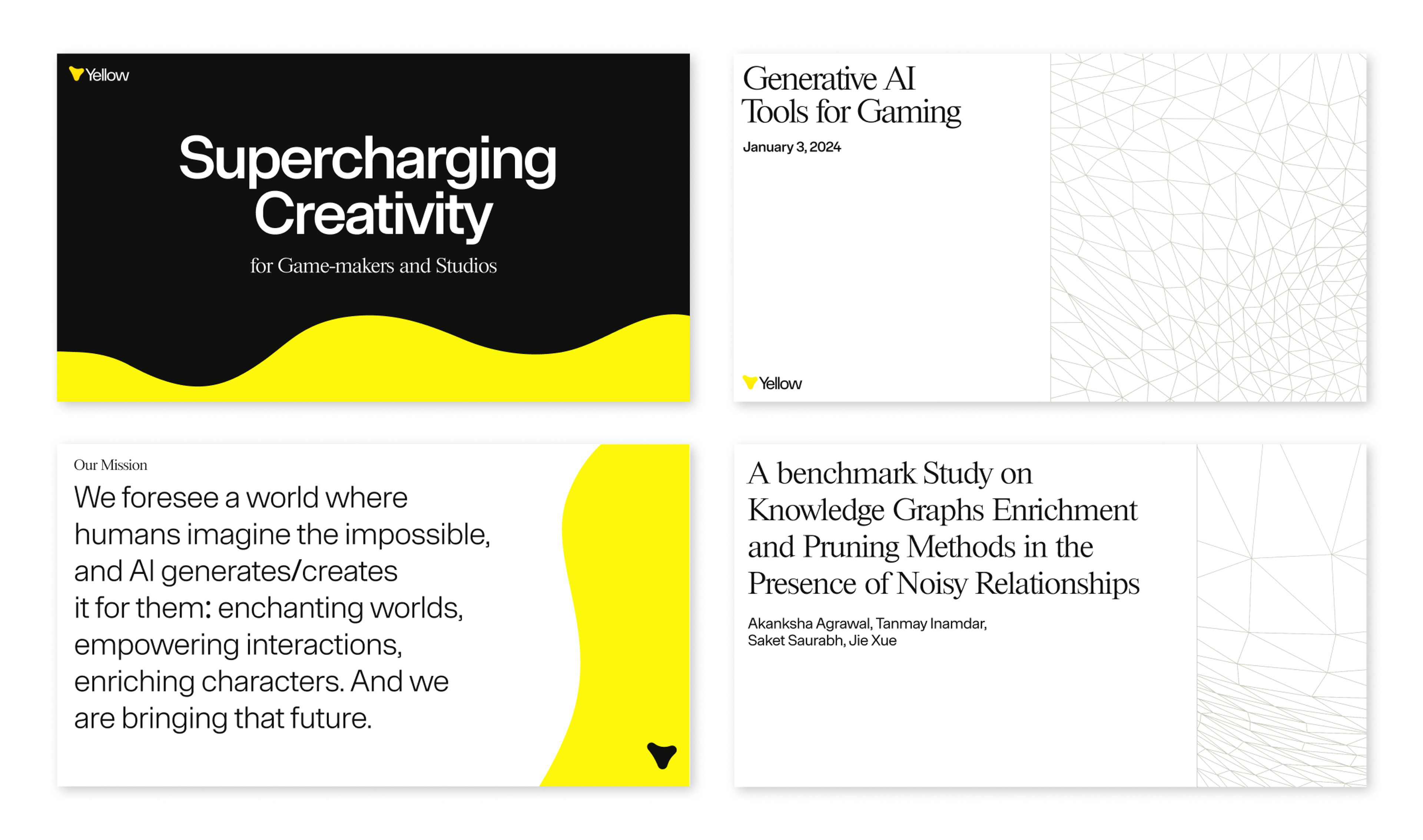 4 samples of the abstract visual elements used in Yellow's visual brand. Two use the cropped putty motif, and two use the 3d "mesh" motif. Copyright Cotton Design, Talia Cotton