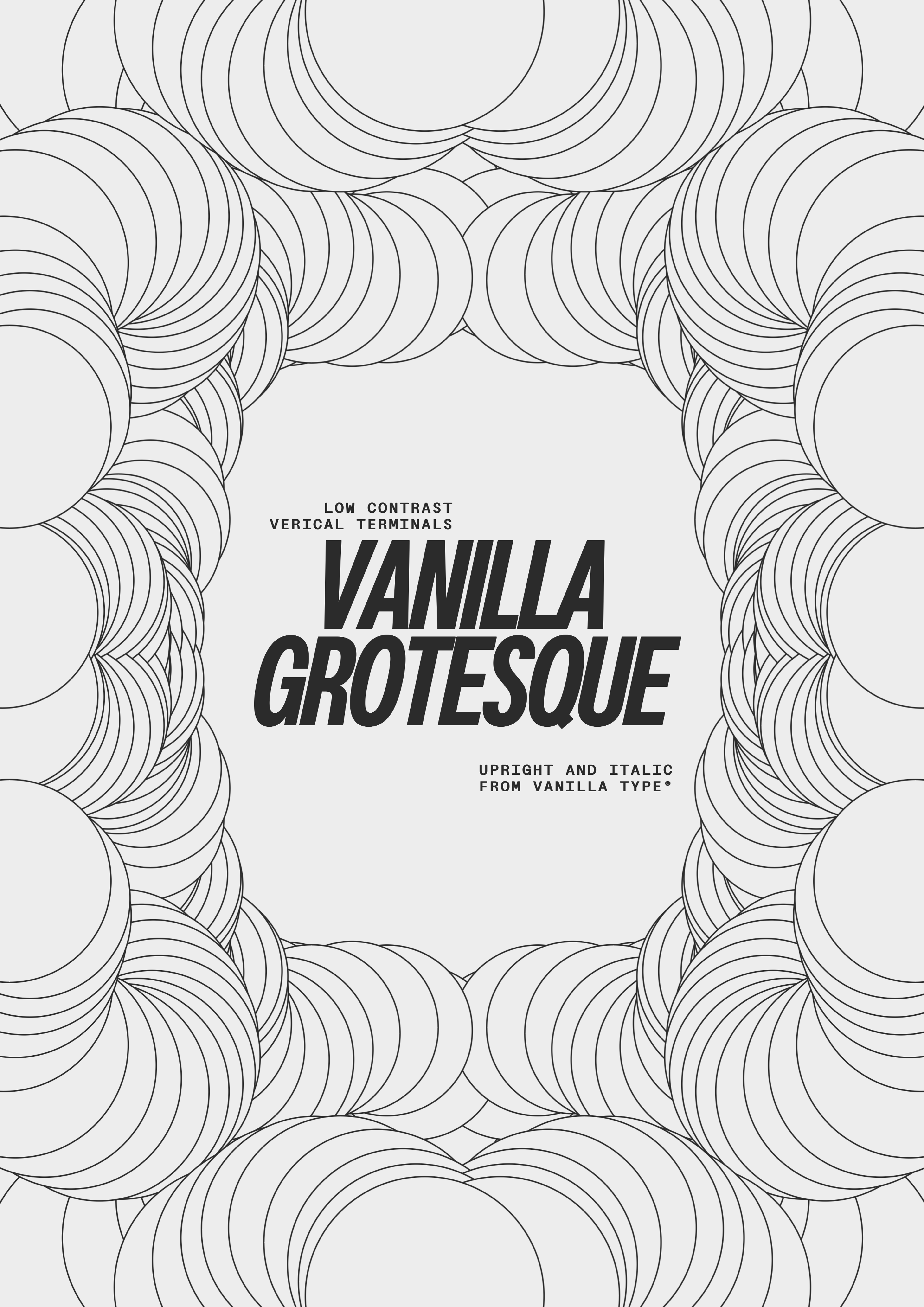 Ornamental frame with small text reading “Vanilla Grotesque.”. Copyright Cotton Design, Talia Cotton
