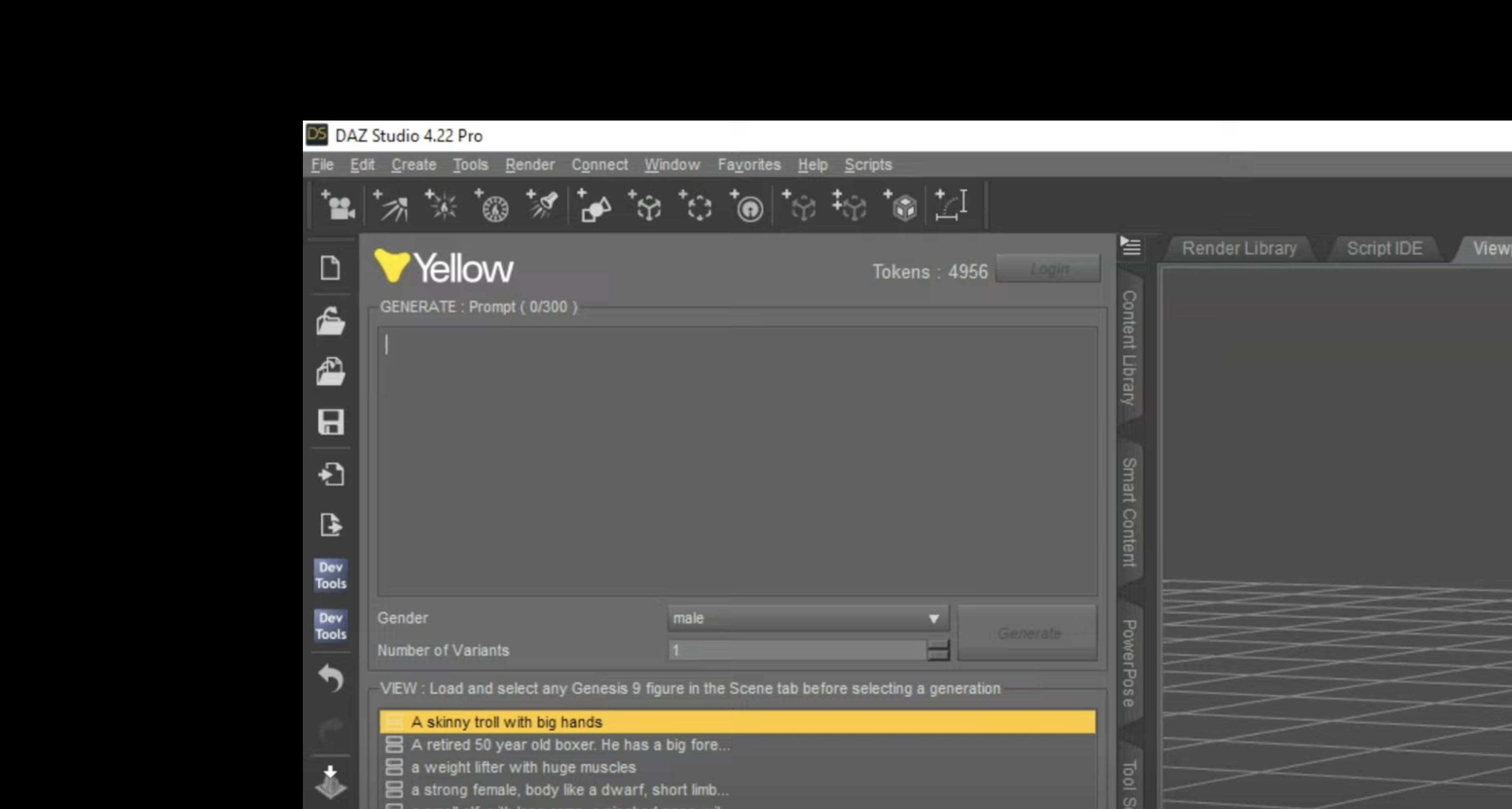 A screenshot of the Yellow AI interface in DAZ Studio Pro. Copyright Cotton Design, Talia Cotton