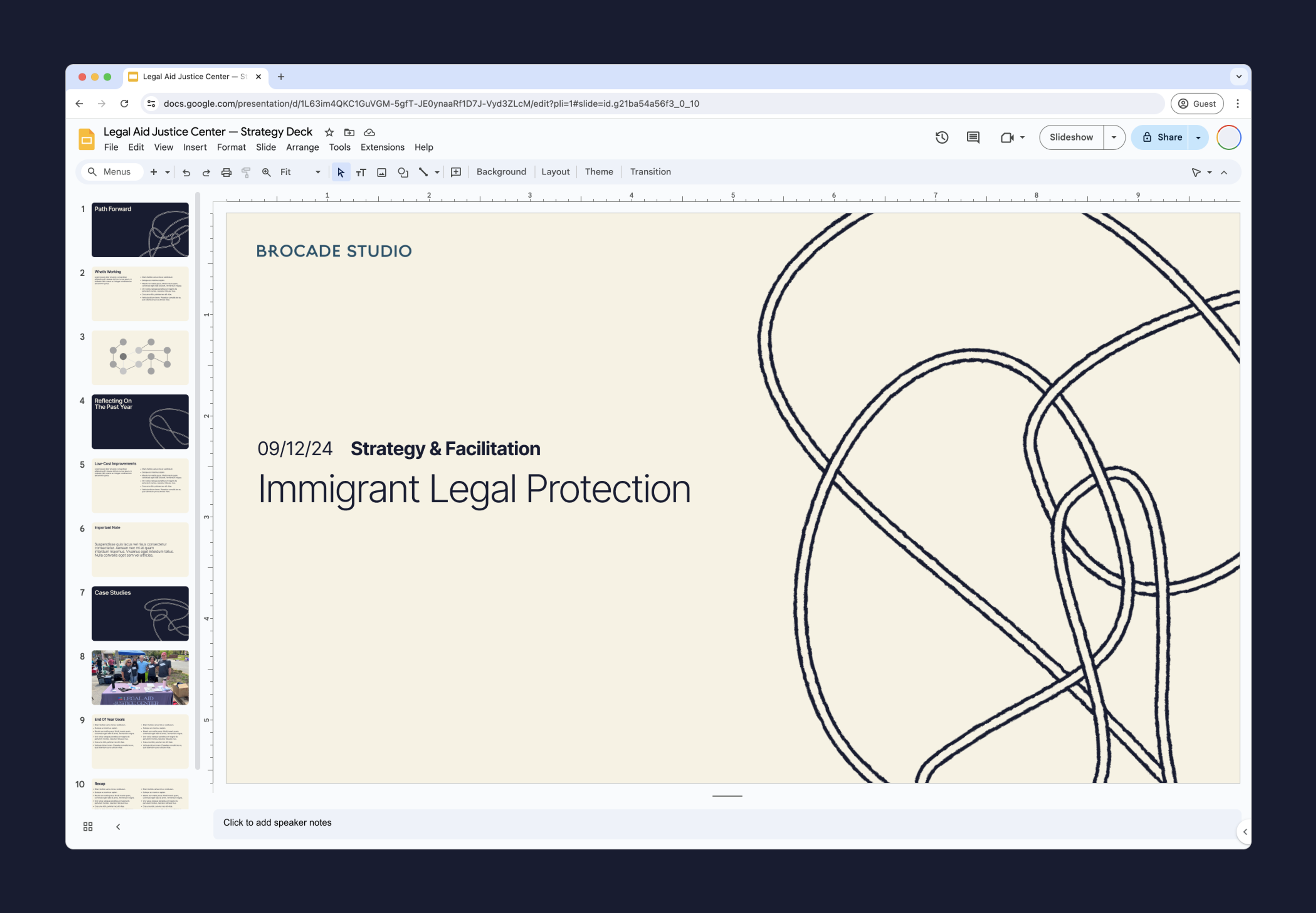 Google slides with an example of the brocade unknot used large and small.. Copyright Cotton Design, Talia Cotton