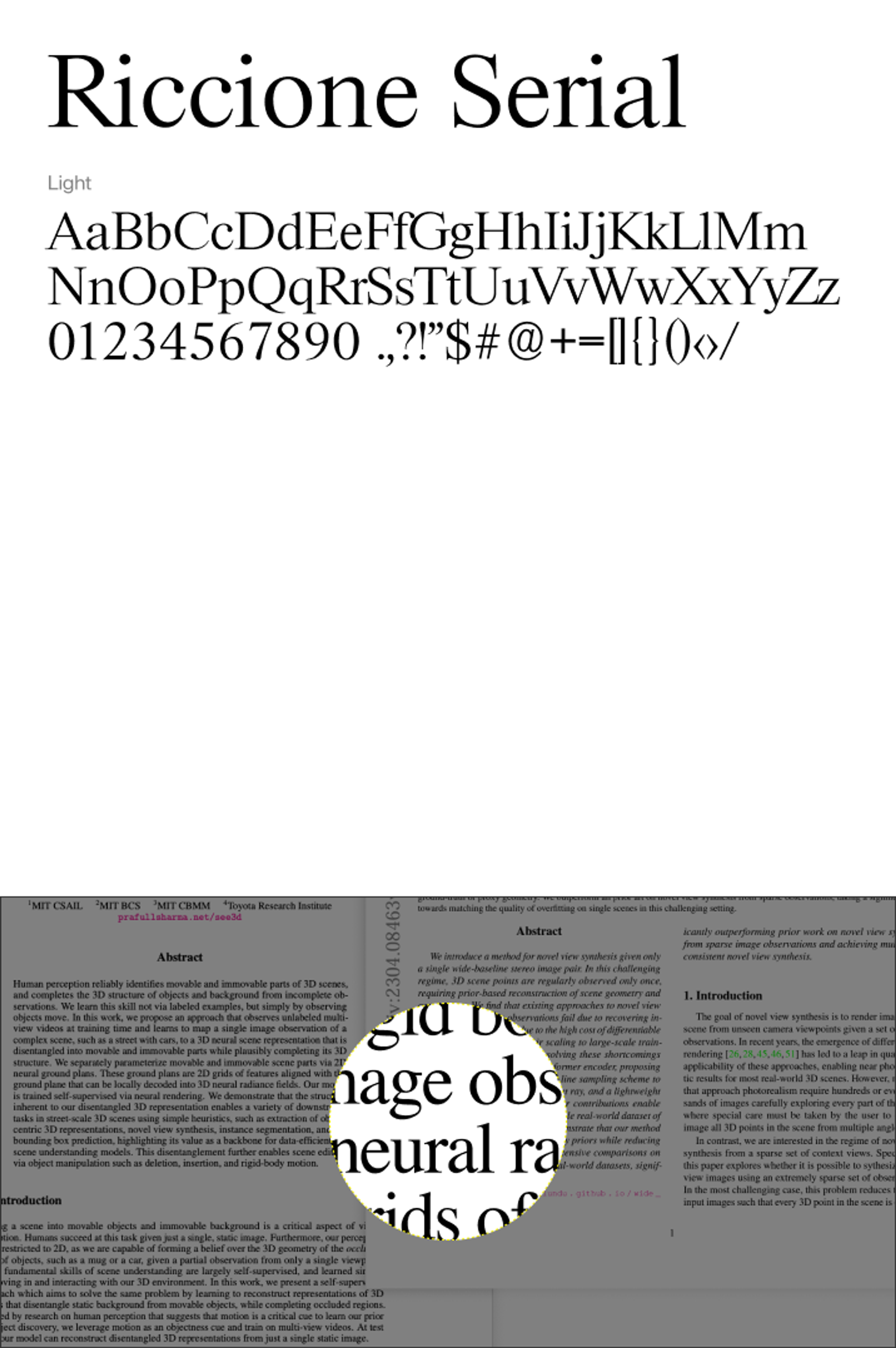 Specimen for Yellow's second typeface, Riccione Serial, highlighting the use of similar fonts in Yellow's scientific research reports... Copyright Cotton Design, Talia Cotton