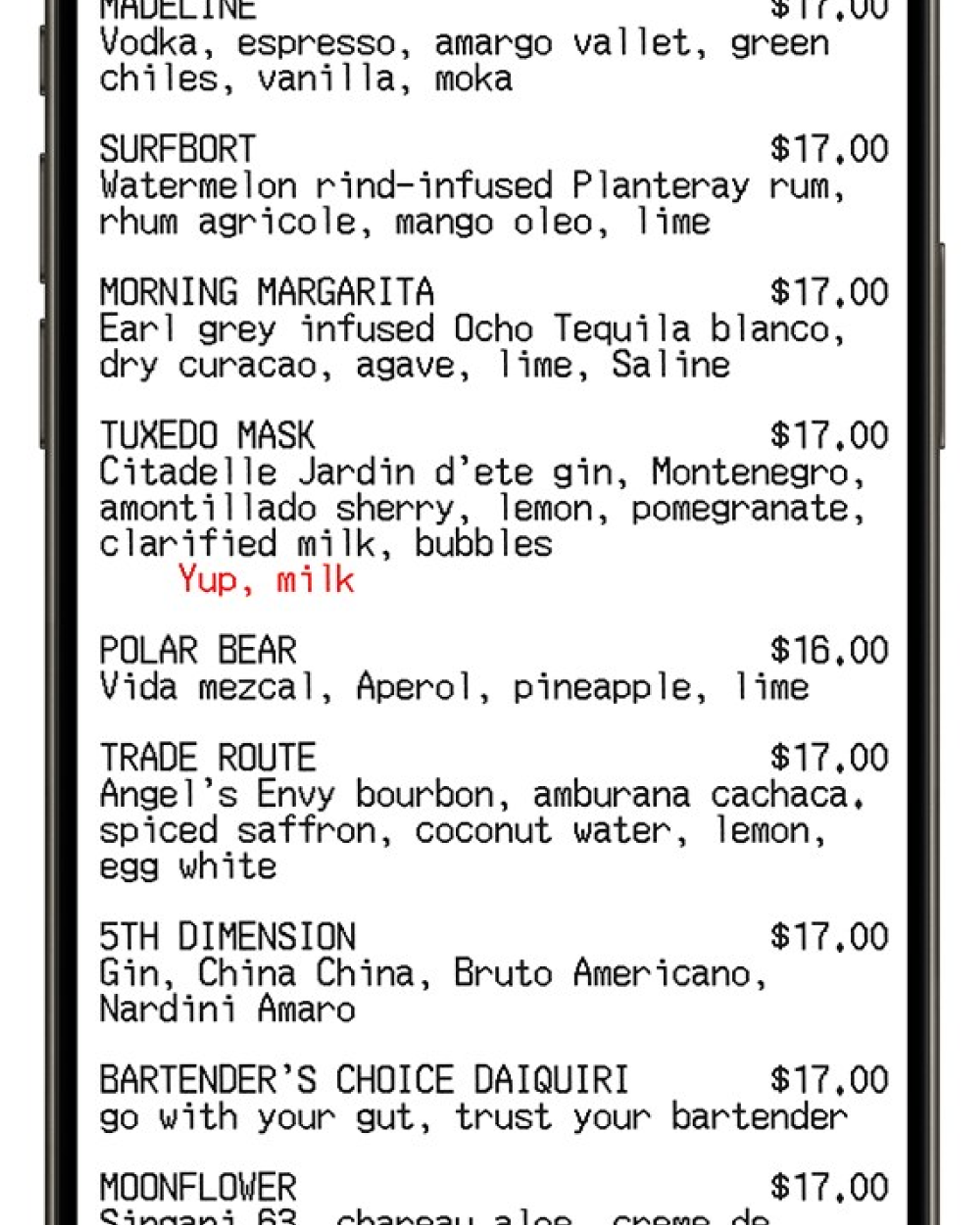 Close up of Madeline's website on mobile, list of menu items