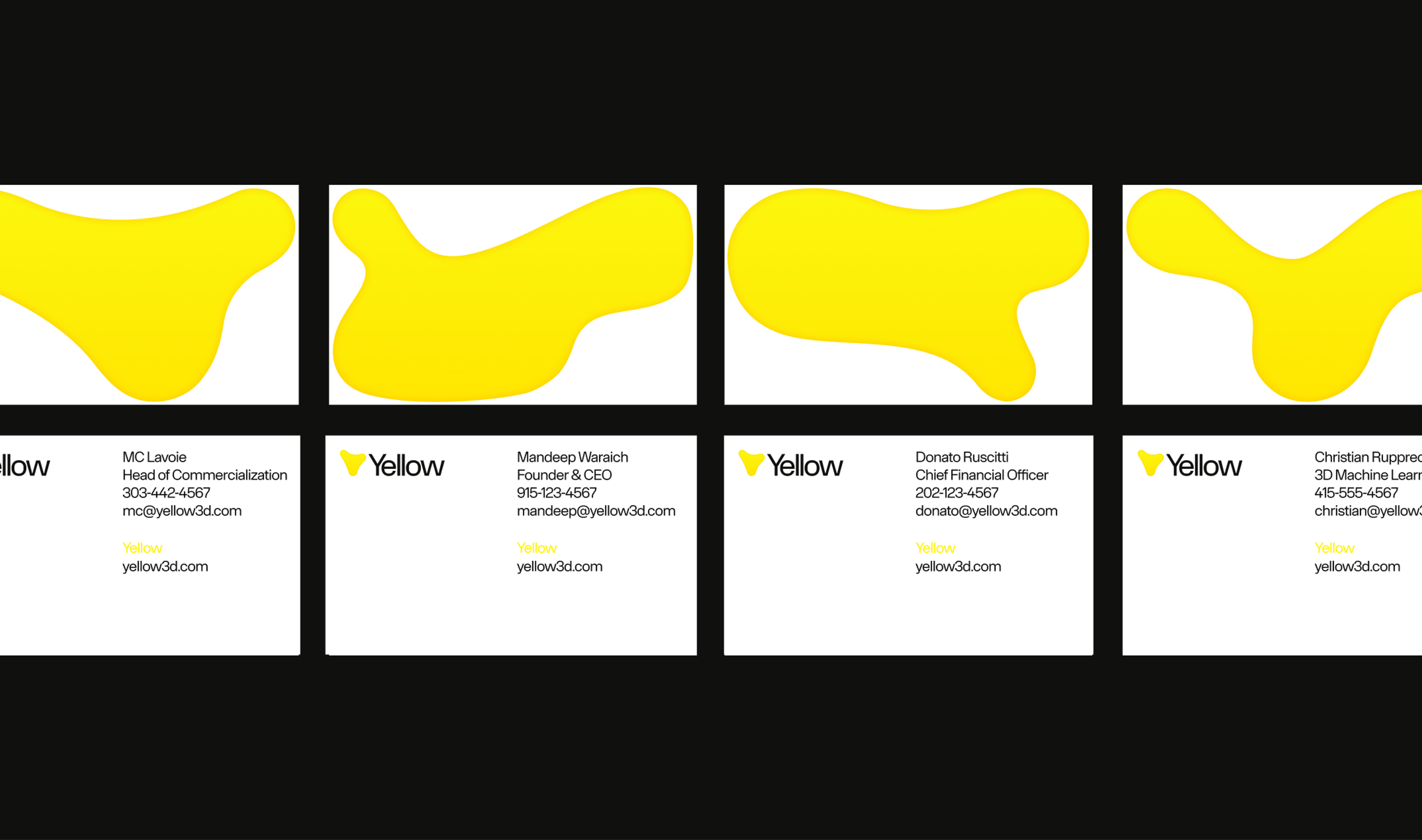 A row of Yellow business cards, front and back, with the back of each featuring a different dynamically stretched version of the Yellow logo.. Copyright Cotton Design, Talia Cotton