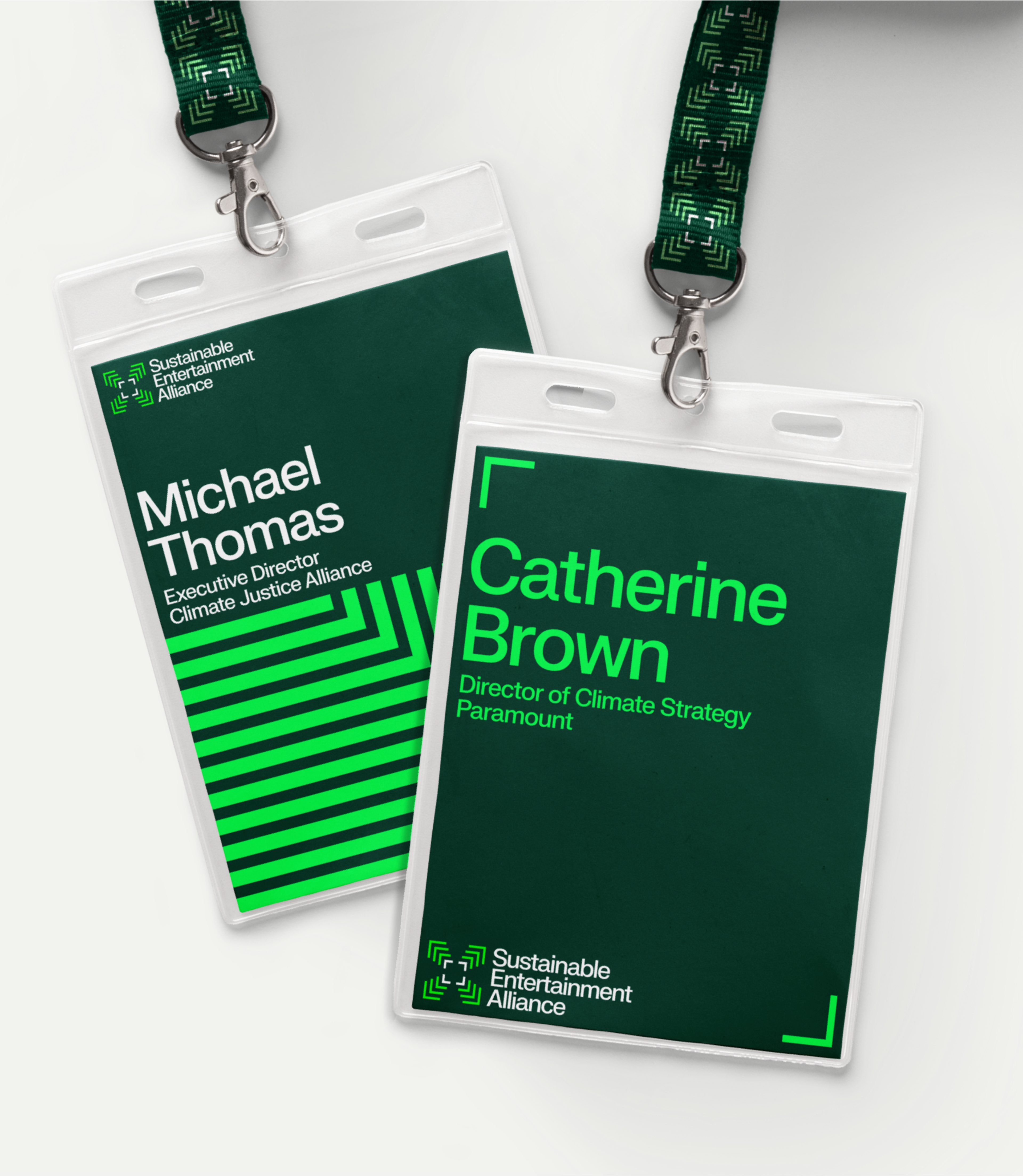 Lanyards that say Catherine brown and Michael Thomas with the sustainable entertainment alliance pattern.. Copyright Cotton Design, Talia Cotton