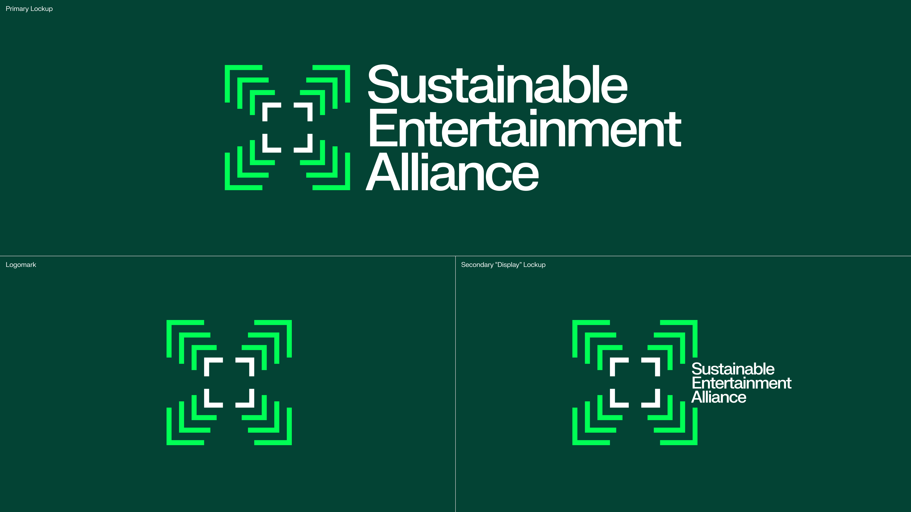 SEA logo system -- on the top, the lockup witht he icon on the left and "Sustainable Entertainment Alliance" on the right. On the bottom left, just the icon. On the bottom right, a lockup where the wordmark portion is much smaller and fits inside the icon portion.. Copyright Cotton Design, Talia Cotton