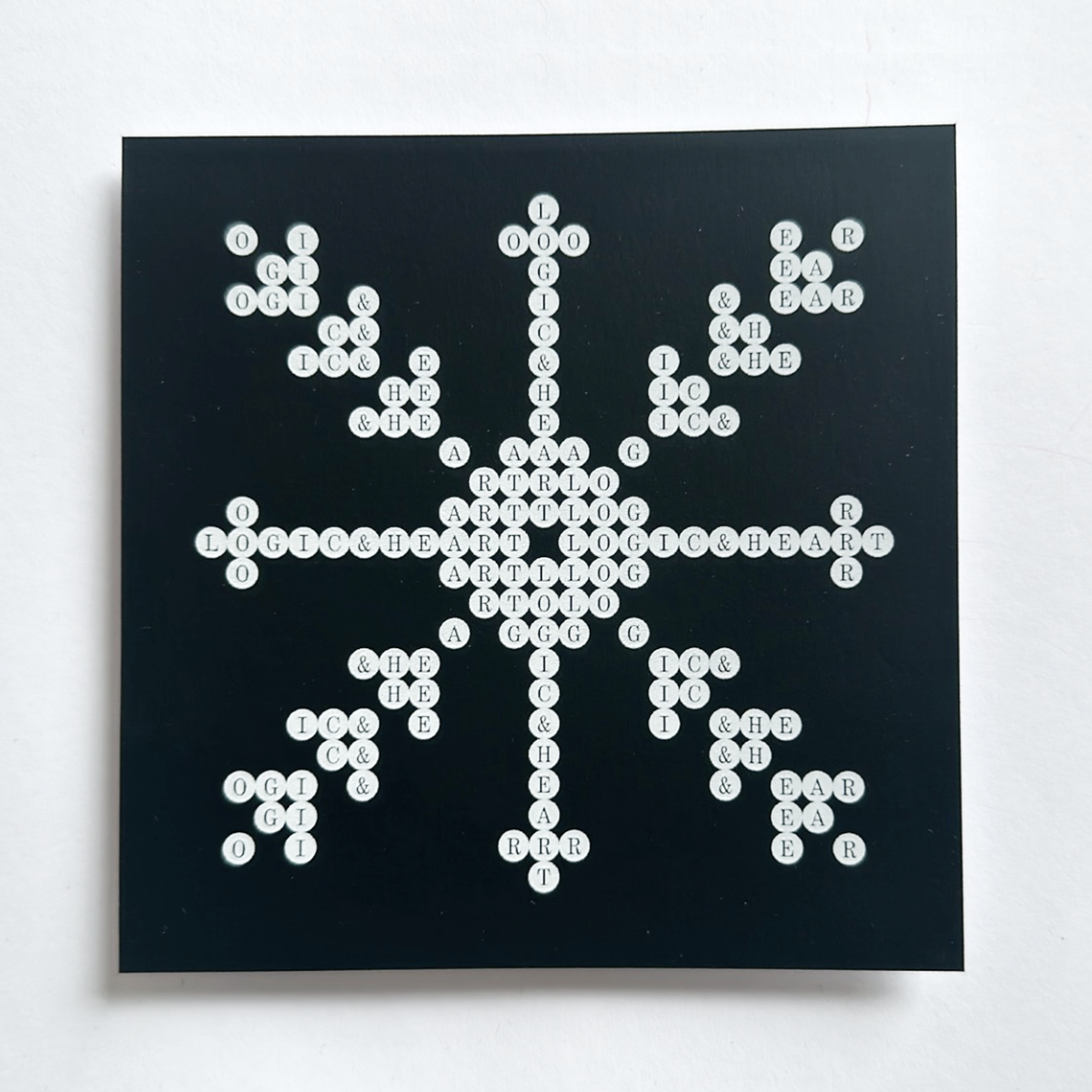 white circles with letters in them. Copyright Cotton Design, Talia Cotton