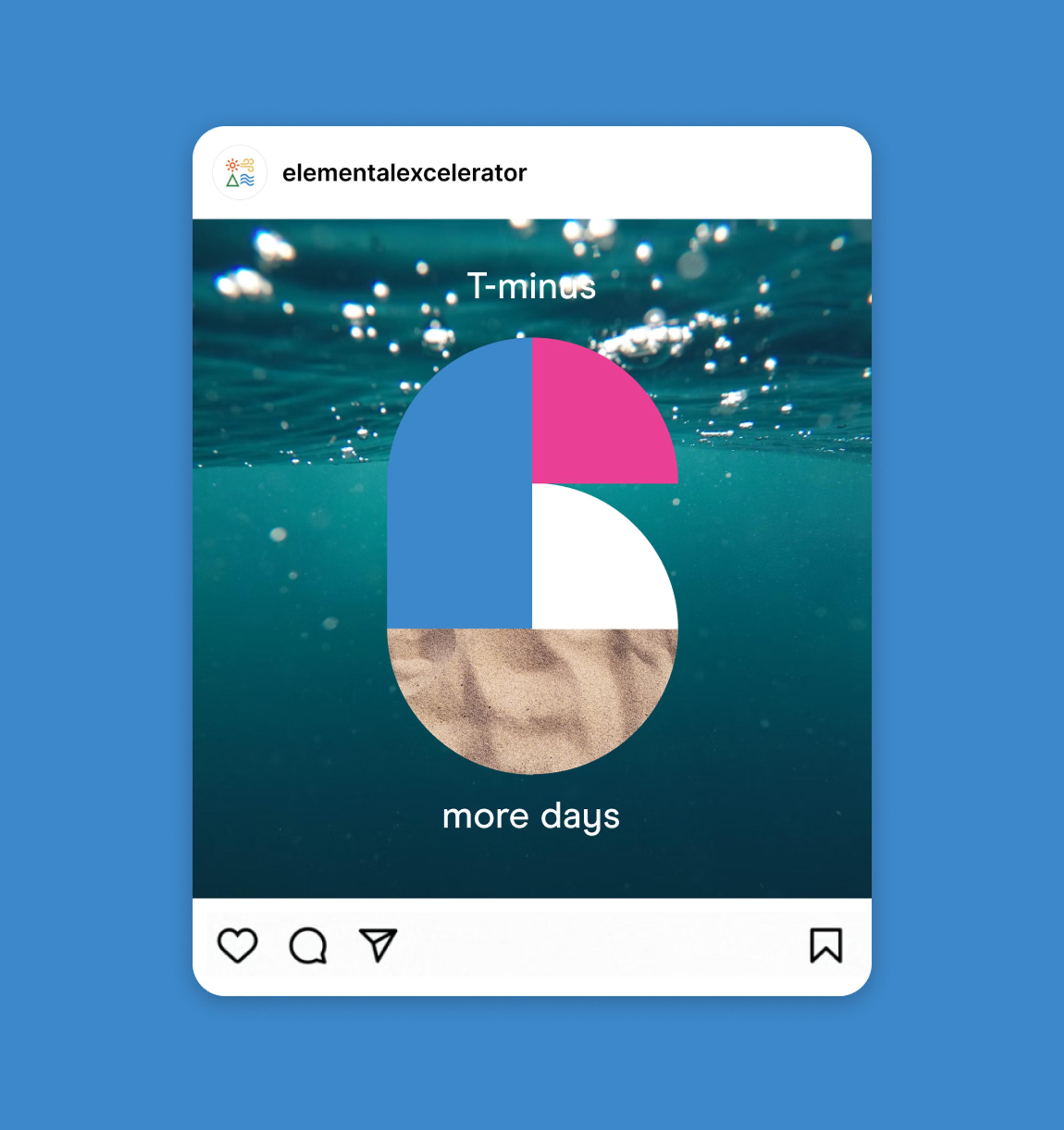 Social media post with blue background, and water and the words "6 more days" . Copyright Cotton Design, Talia Cotton
