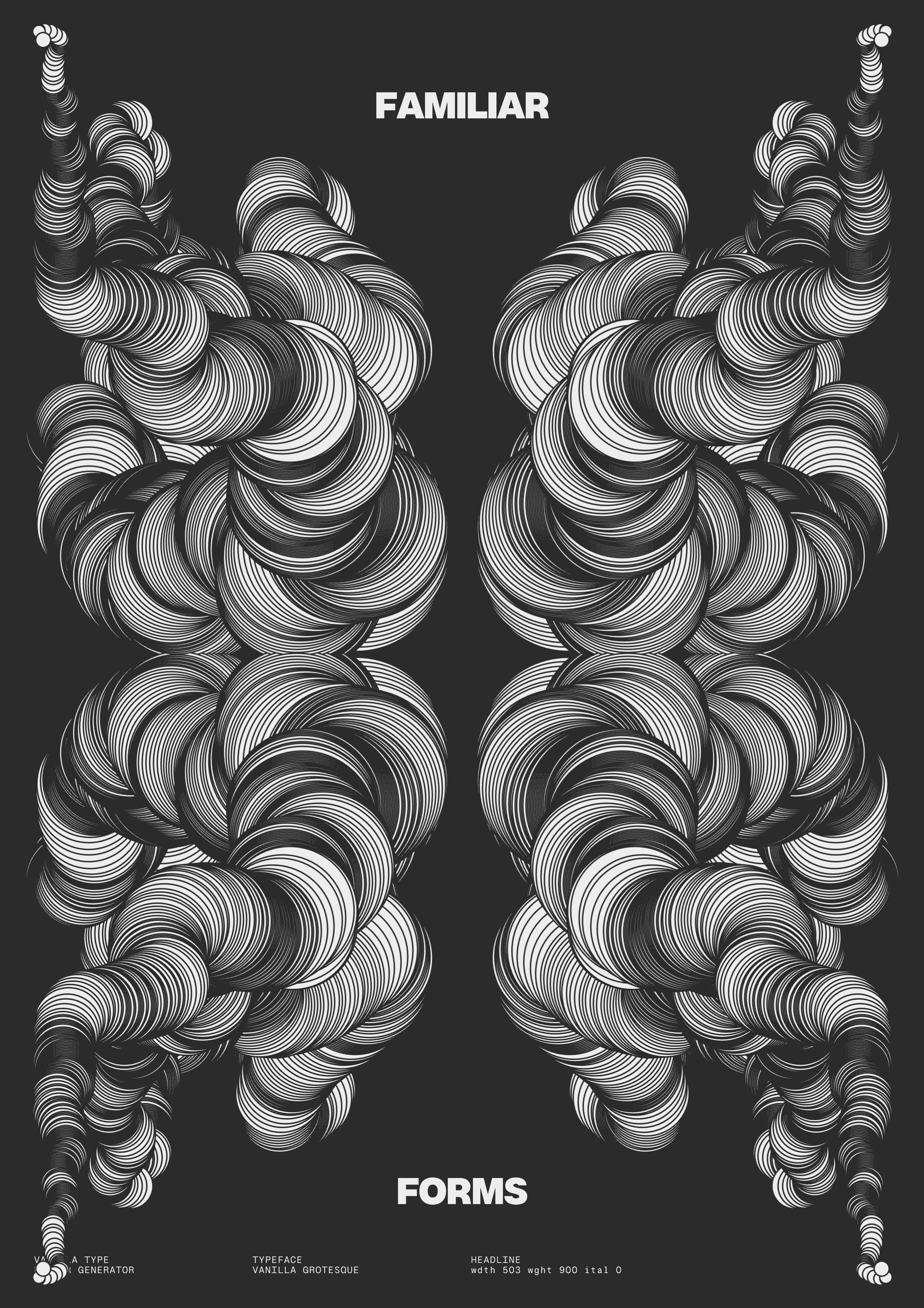 Twisting mirrored abstract pattern labeled “Vanilla.”. Copyright Cotton Design, Talia Cotton