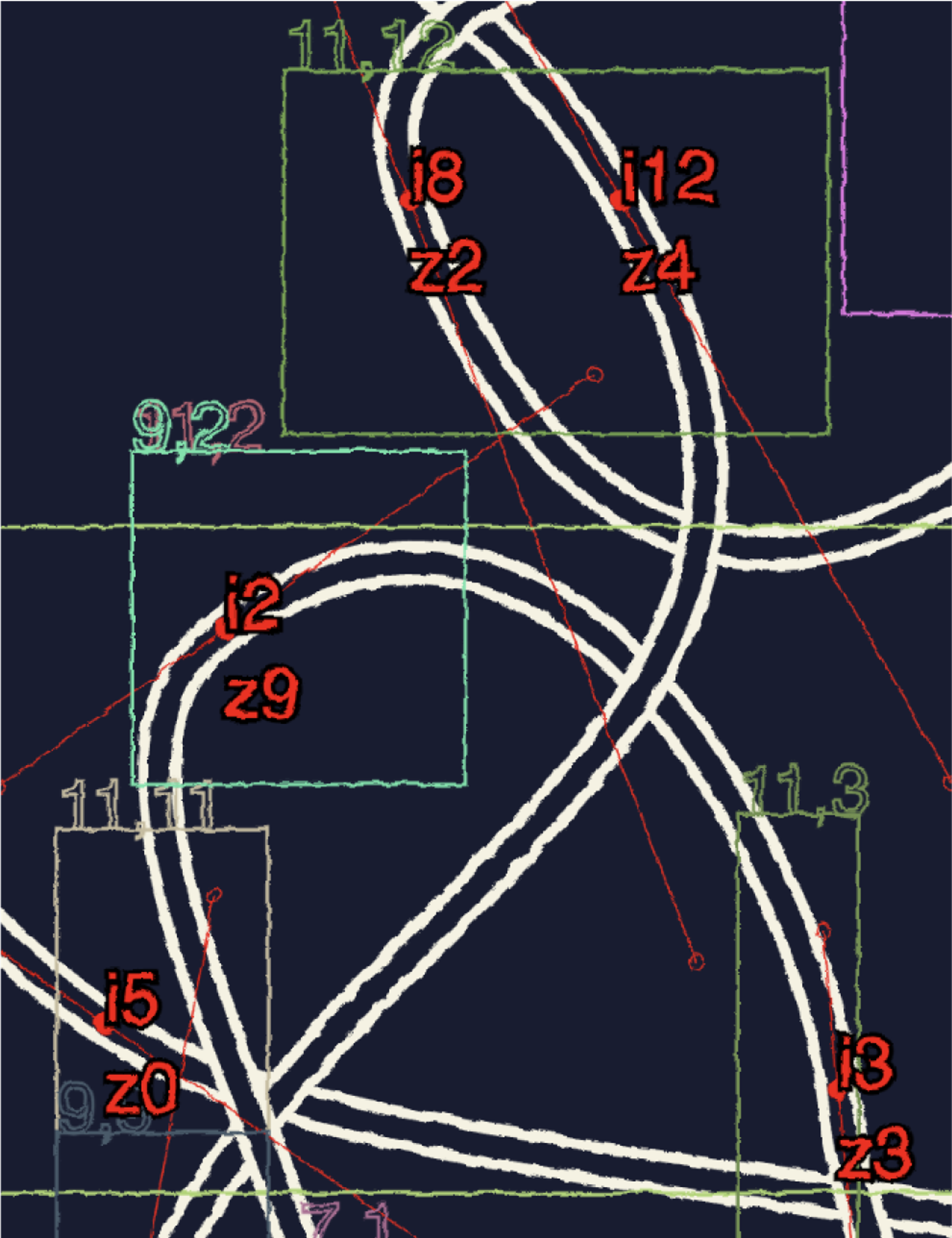 Close up of the visual debugger with many numbers and letters and lines drawn as guidelines for measurement.. Copyright Cotton Design, Talia Cotton