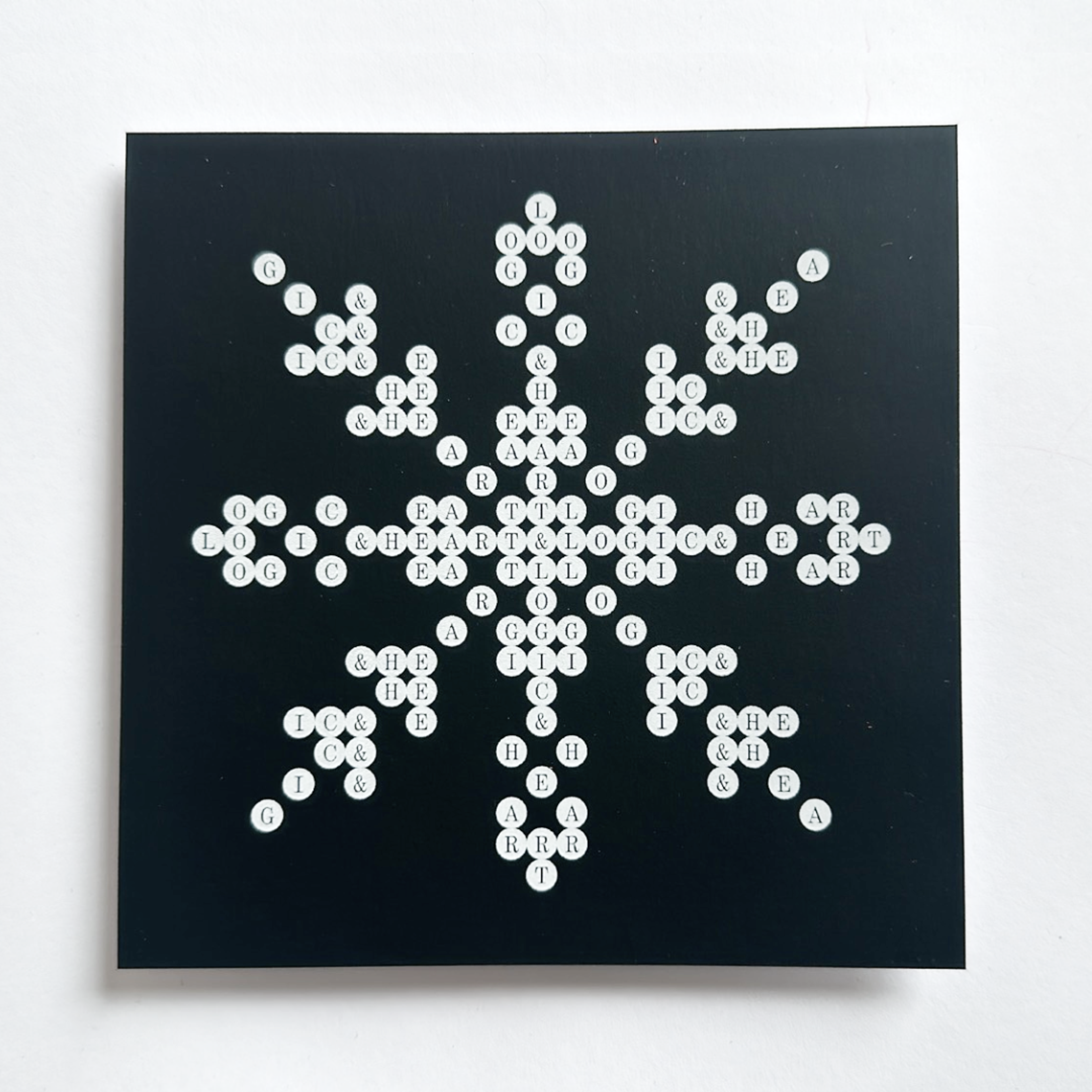 white circles with letters in them. Copyright Cotton Design, Talia Cotton
