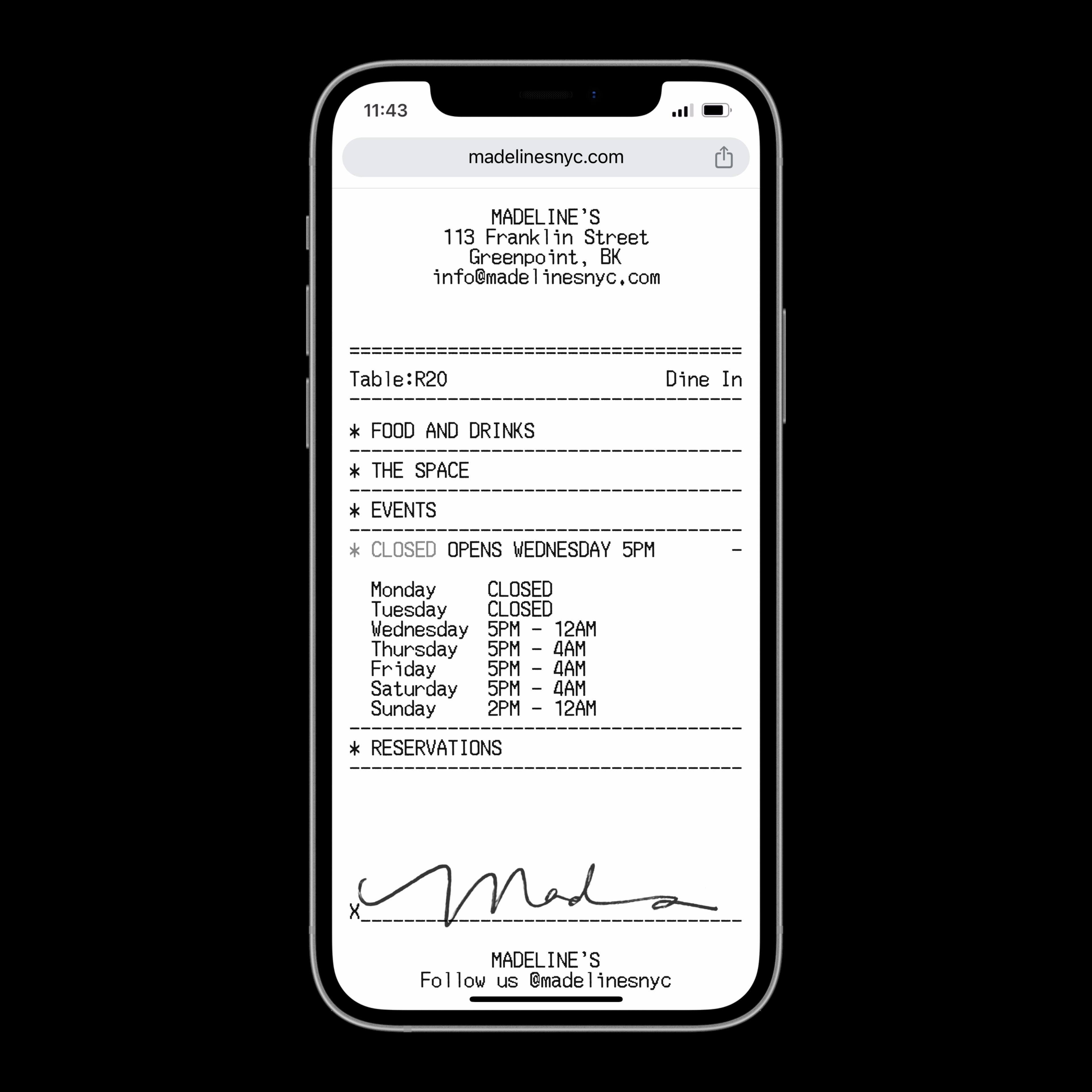 Phone view with text of information about the Madeline's restaurant . Copyright Cotton Design, Talia Cotton