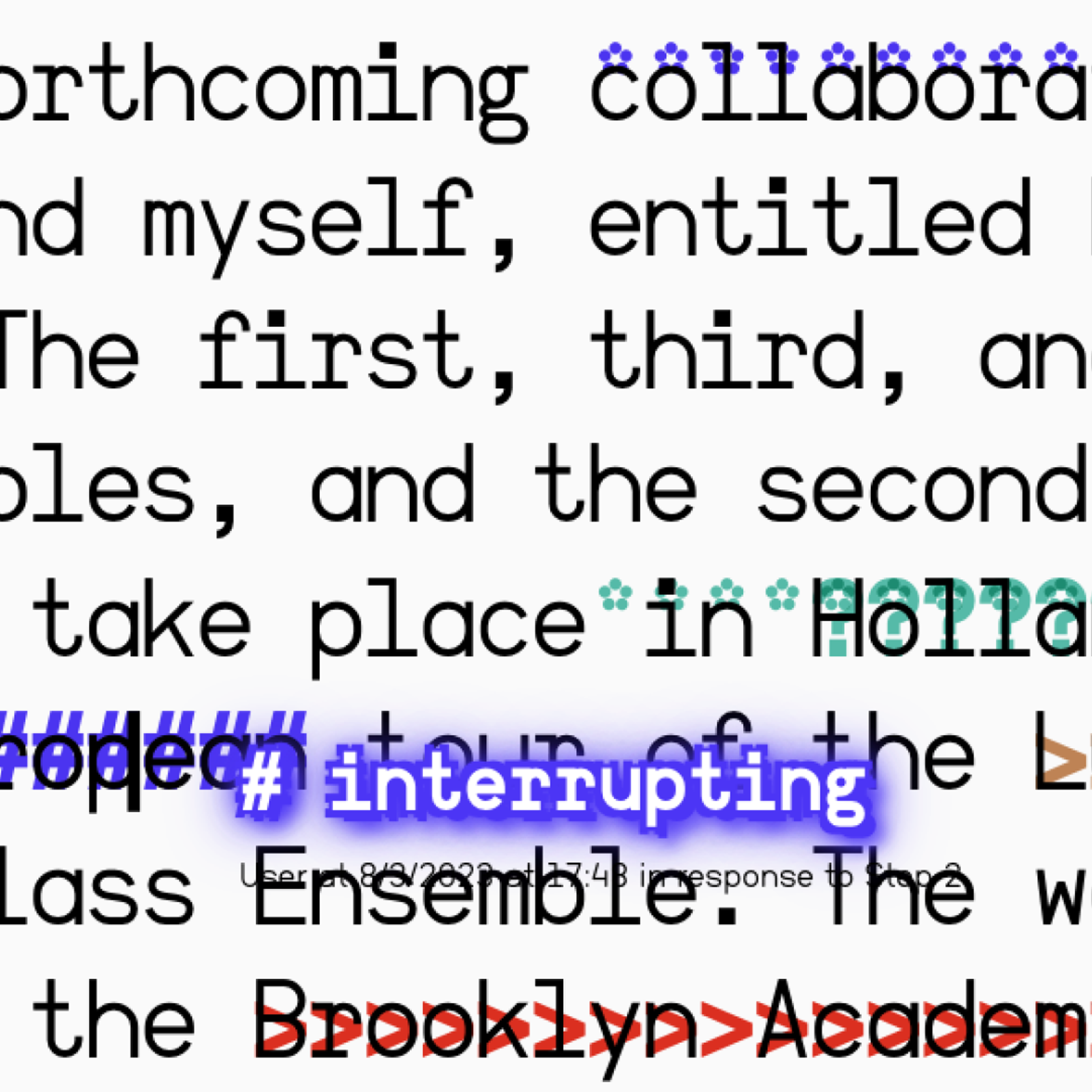 Photo view of words changing in different colors with hovered boxes with more text. Copyright Cotton Design, Talia Cotton