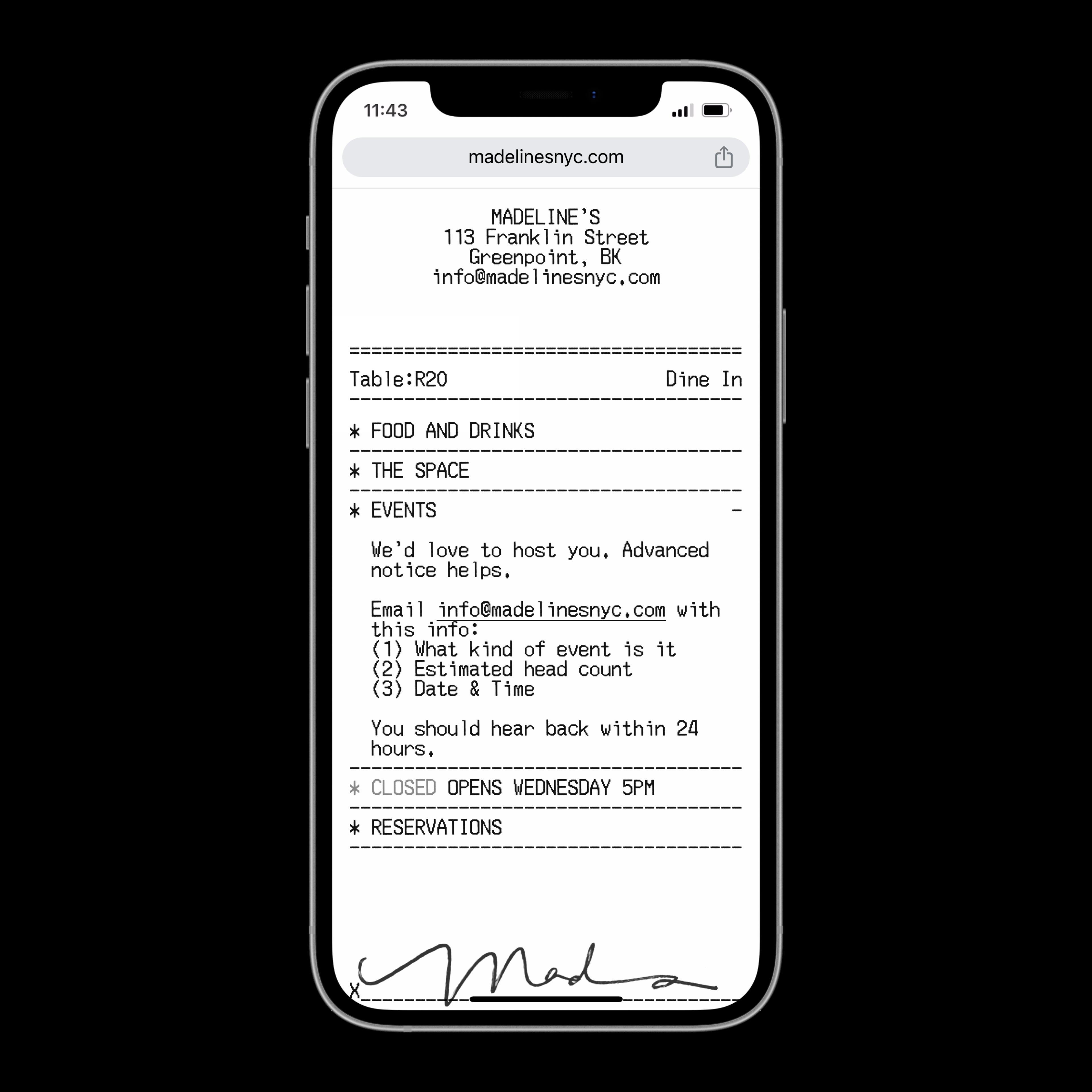 Phone view with text of information about the Madeline's restaurant . Copyright Cotton Design, Talia Cotton