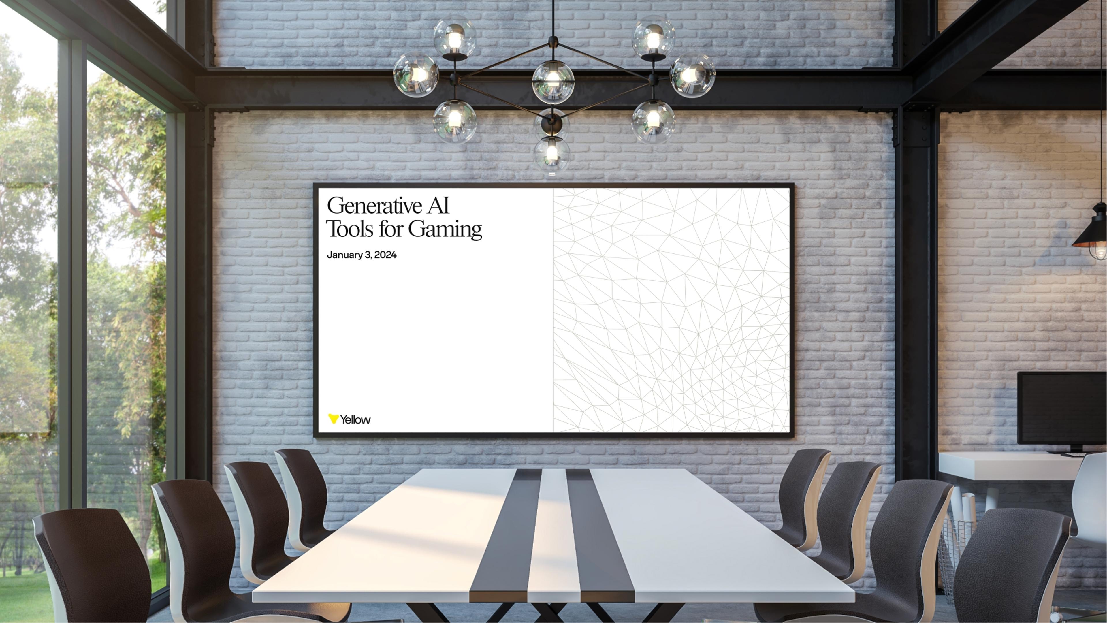 Mockup of a conference room with a slide that reads "Generative AI Tools for Gaming. January 3, 2024." on a large screen. The slide features the 3d mesh visual motif.. Copyright Cotton Design, Talia Cotton