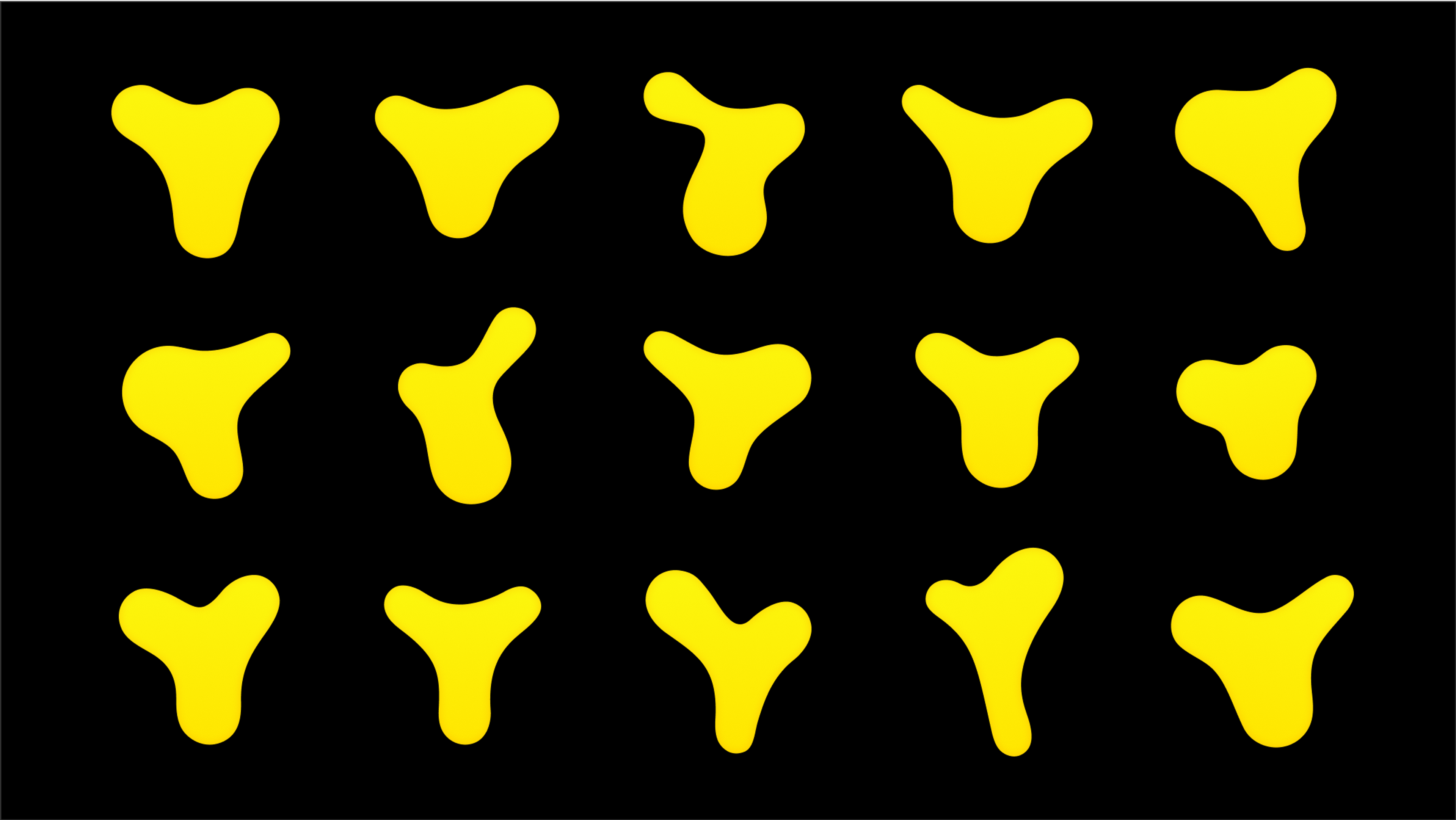 A grid of dynamic variations on the yellow logo, showing it's putty-like form and behavior. Copyright Cotton Design, Talia Cotton