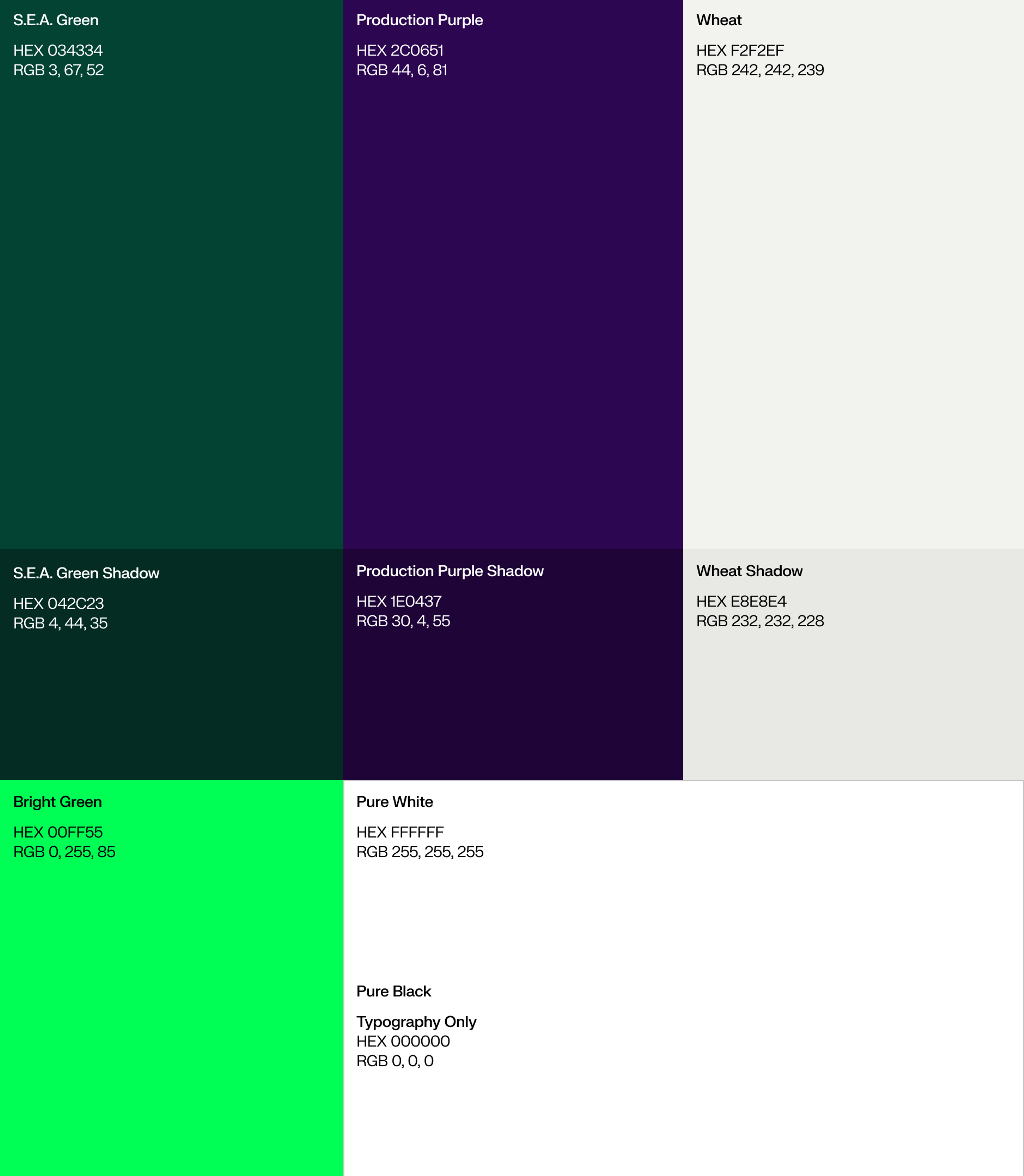 SEA Color palette -- including S.E.A Green, S.E.A. Green Shadow, Production Purple, Production Purple Shadow, Wheat, Wheat Shadow, Bright Green, Pure White and Pure Black. Copyright Cotton Design, Talia Cotton