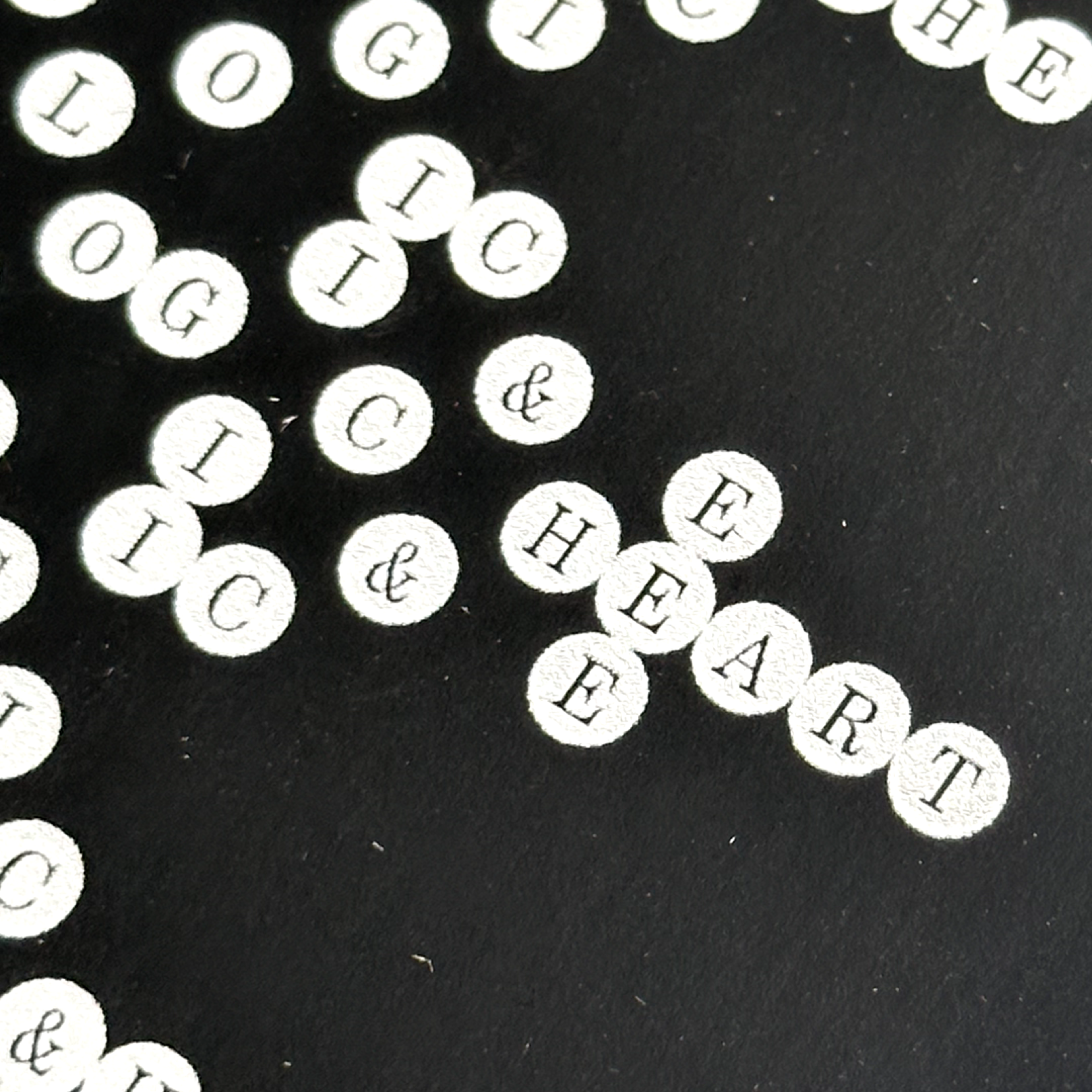 white circles with letters in them. Copyright Cotton Design, Talia Cotton