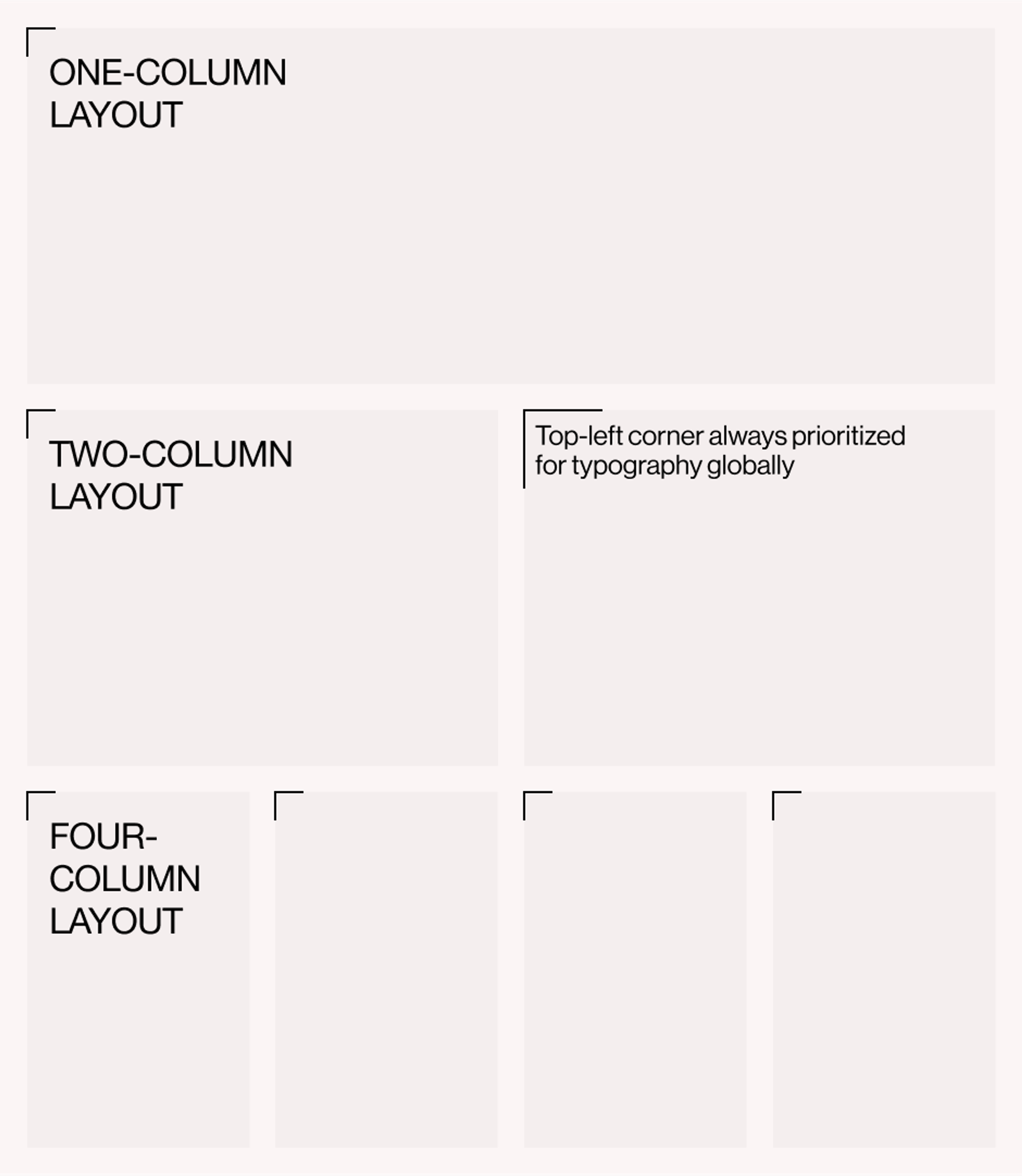 Layout rules for the creative week identity. One, two, or four column layout, and top left corner prioritized.. Copyright Cotton Design, Talia Cotton