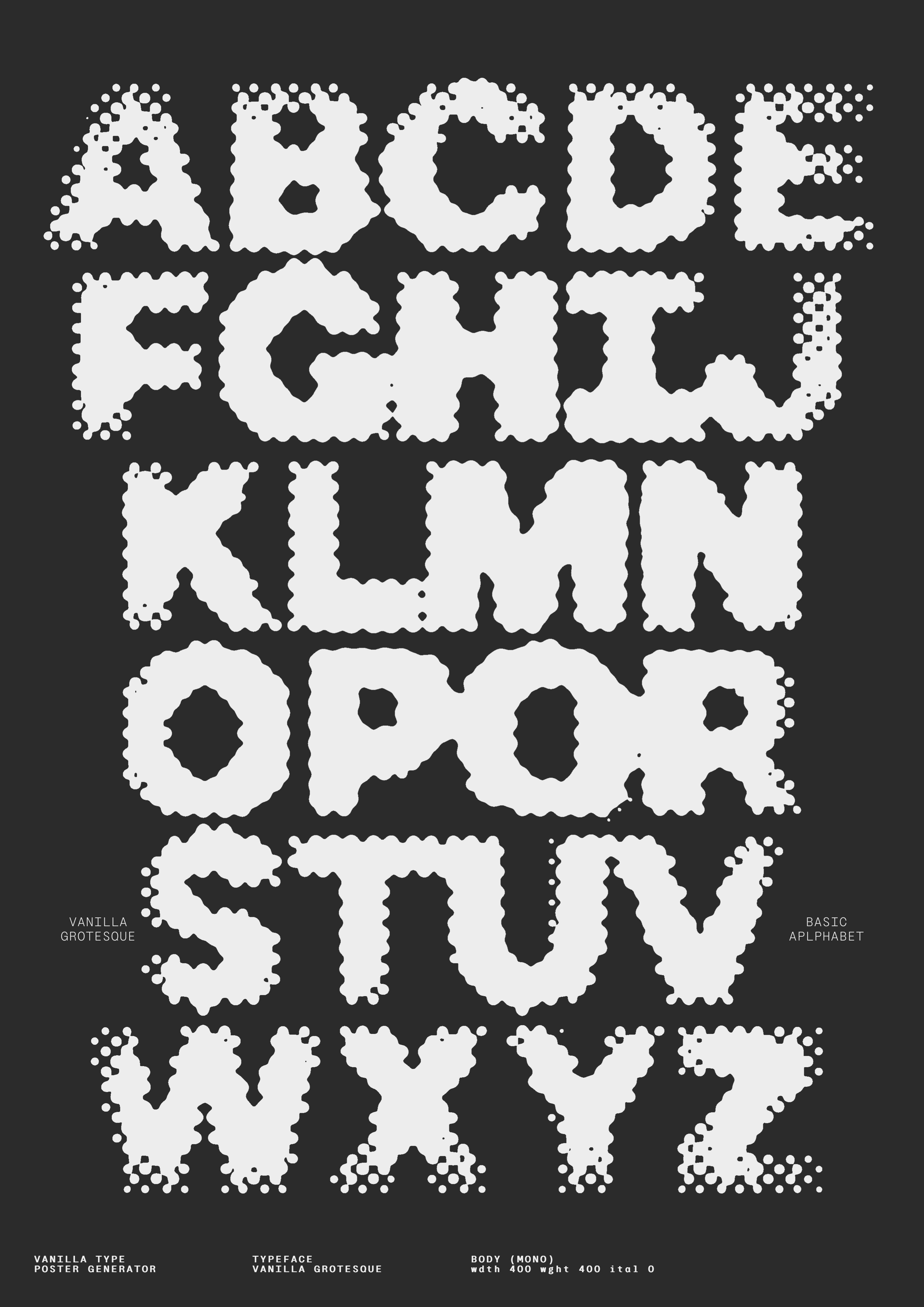 Alphabet A–Z in bold stencil-like type with gaps.. Copyright Cotton Design, Talia Cotton