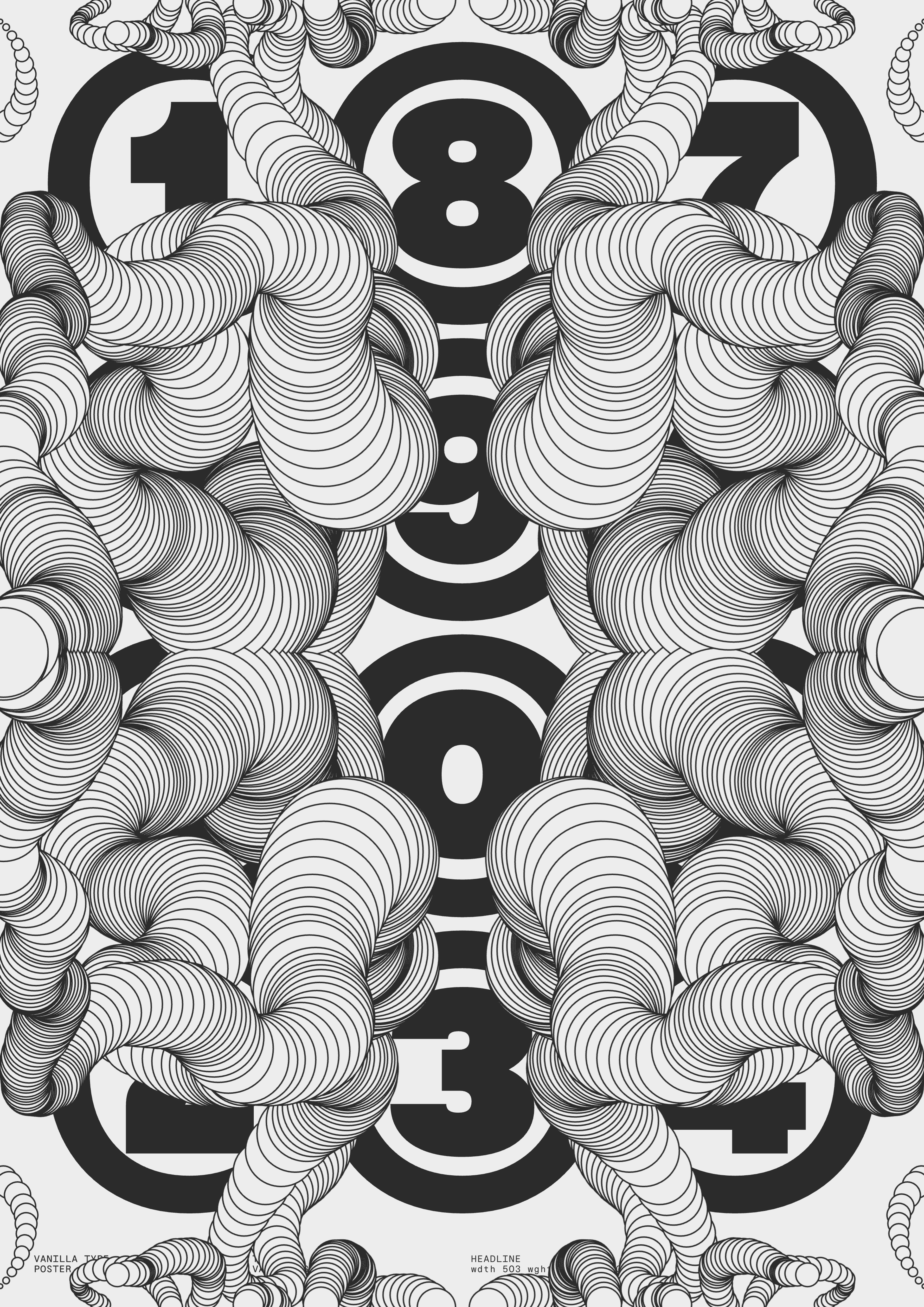 Symmetrical mirrored collage of floral textures with numbers “8-3-0-3.”. Copyright Cotton Design, Talia Cotton