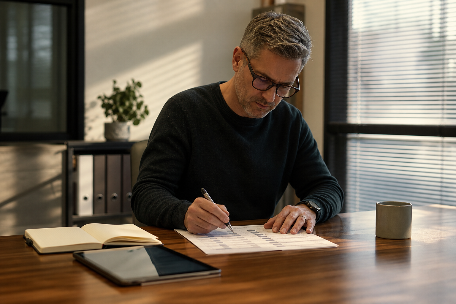 Project lead annotating a one-page access and permissions plan for an AI pilot on a desk with notebook and tablet.
