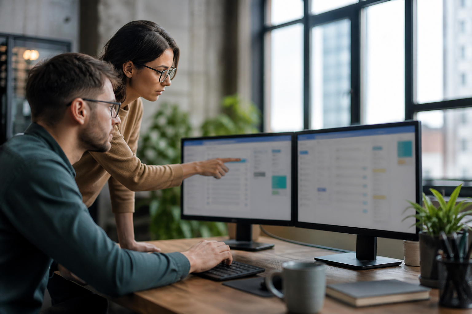 Developer and operations coordinator testing an integration between two business applications on dual monitors.