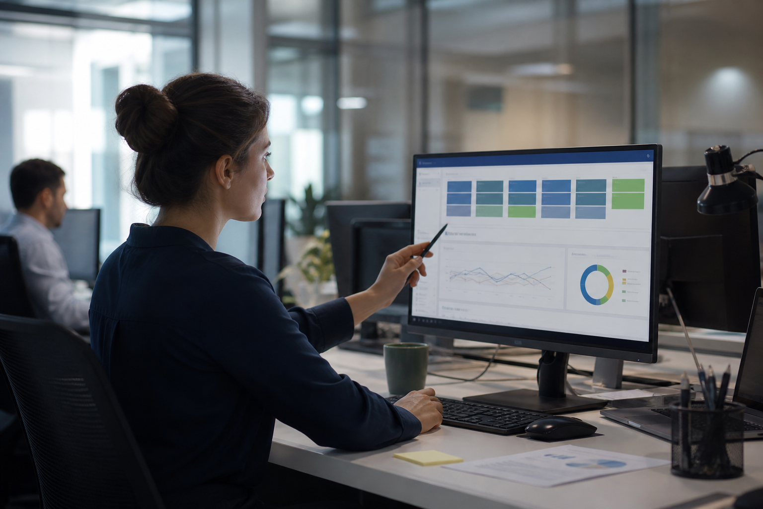 Operations analyst updating a live status board instead of assembling a manual spreadsheet pack, calm office light.