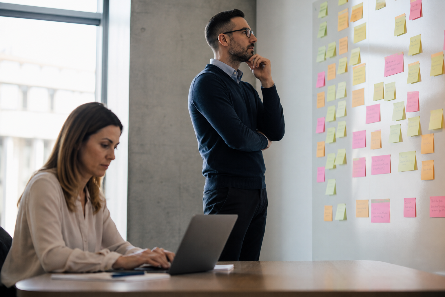 Manager reviewing a wall of sticky notes representing backlog exceptions while a colleague updates a laptop.