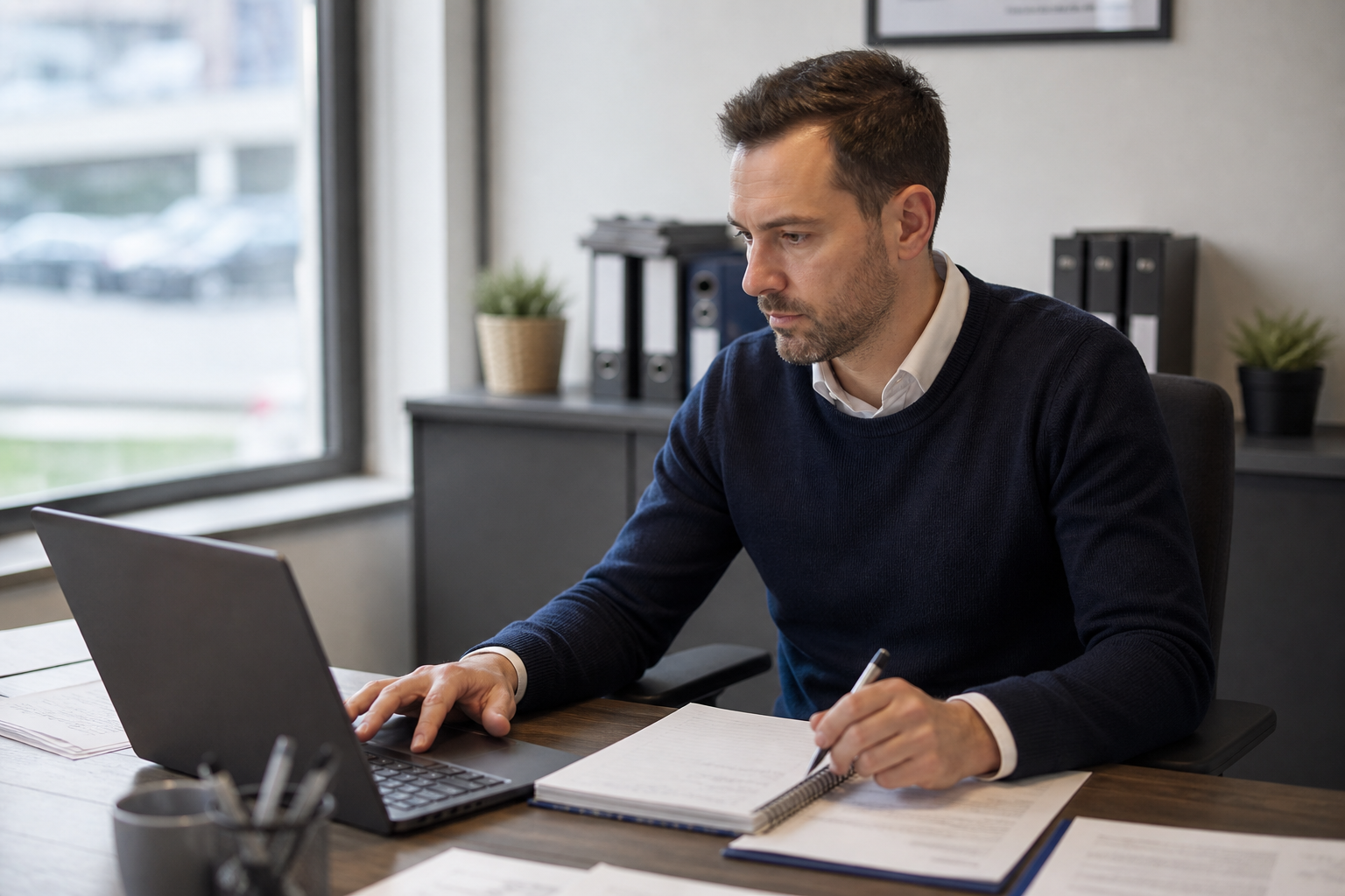 Operations specialist working at a laptop with a notebook of process rules beside them in a practical office setting.