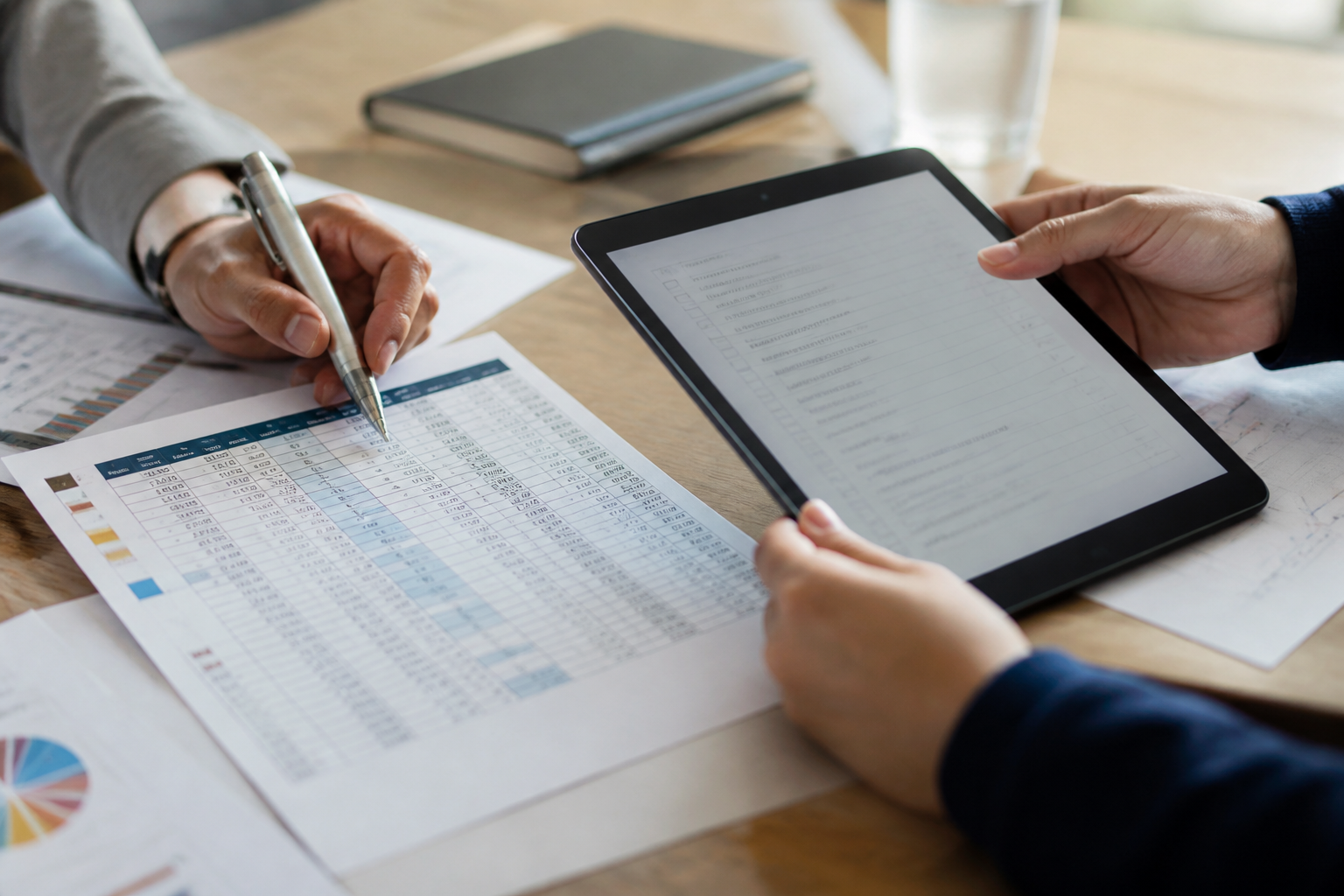 Close-up of hands comparing a spreadsheet printout with a tablet checklist during a data readiness review.