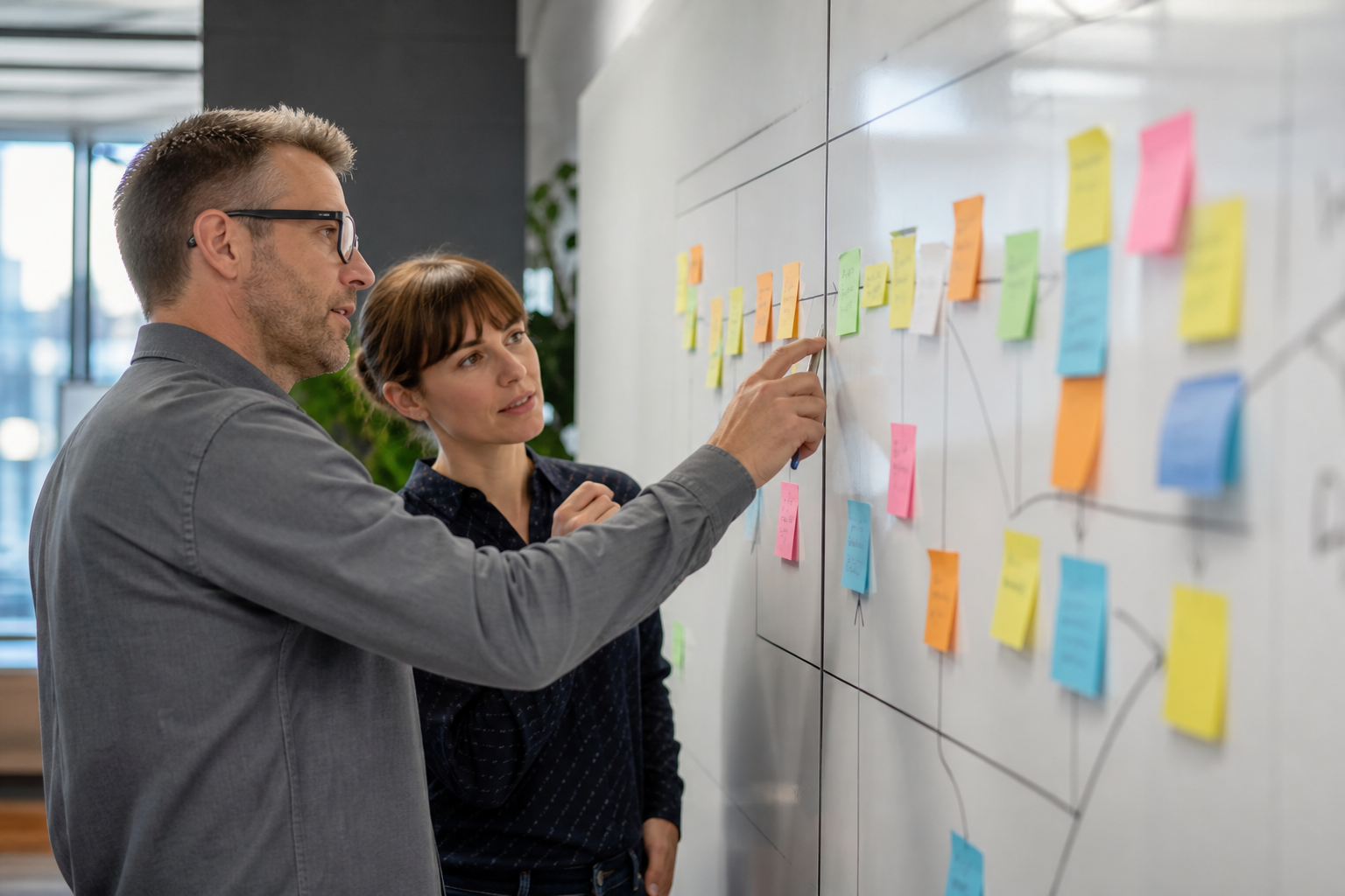 Whiteboard session with sticky notes mapping a business process from trigger to exception handling, photographed in an editorial B2B style.