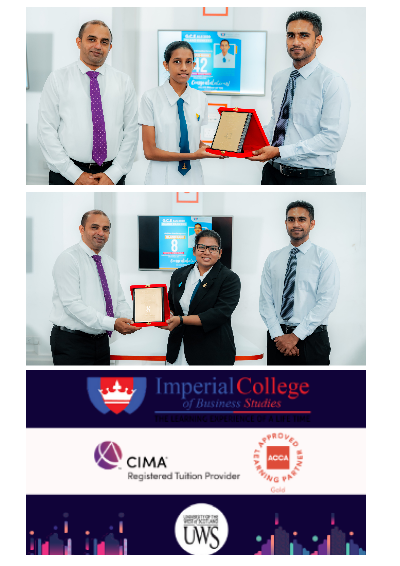 Imperial College of Business Studies presents prestigious University of the West of Scotland (UWS) full scholarships to two top achievers