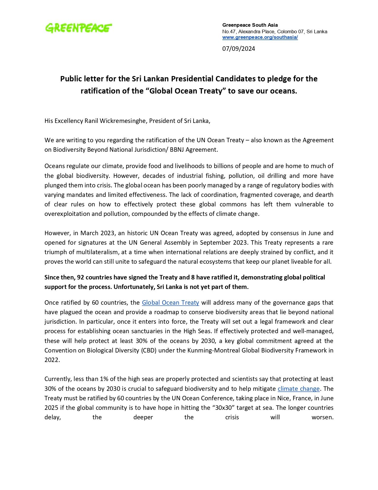 Greenpeace South Asia Calls on Sri Lanka’s Presidential Candidates to Commit to the Global Ocean Treaty