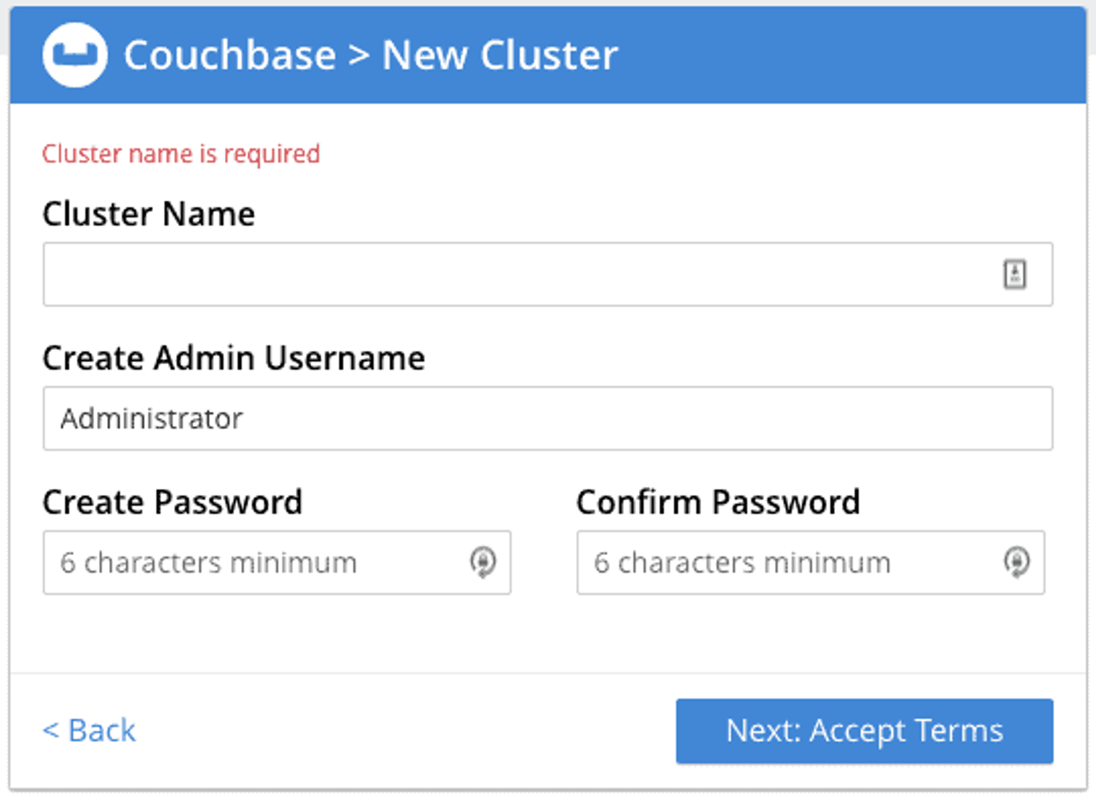 Terminez la configuration en nommant votre cluster et configurant le mot de passe d'administration