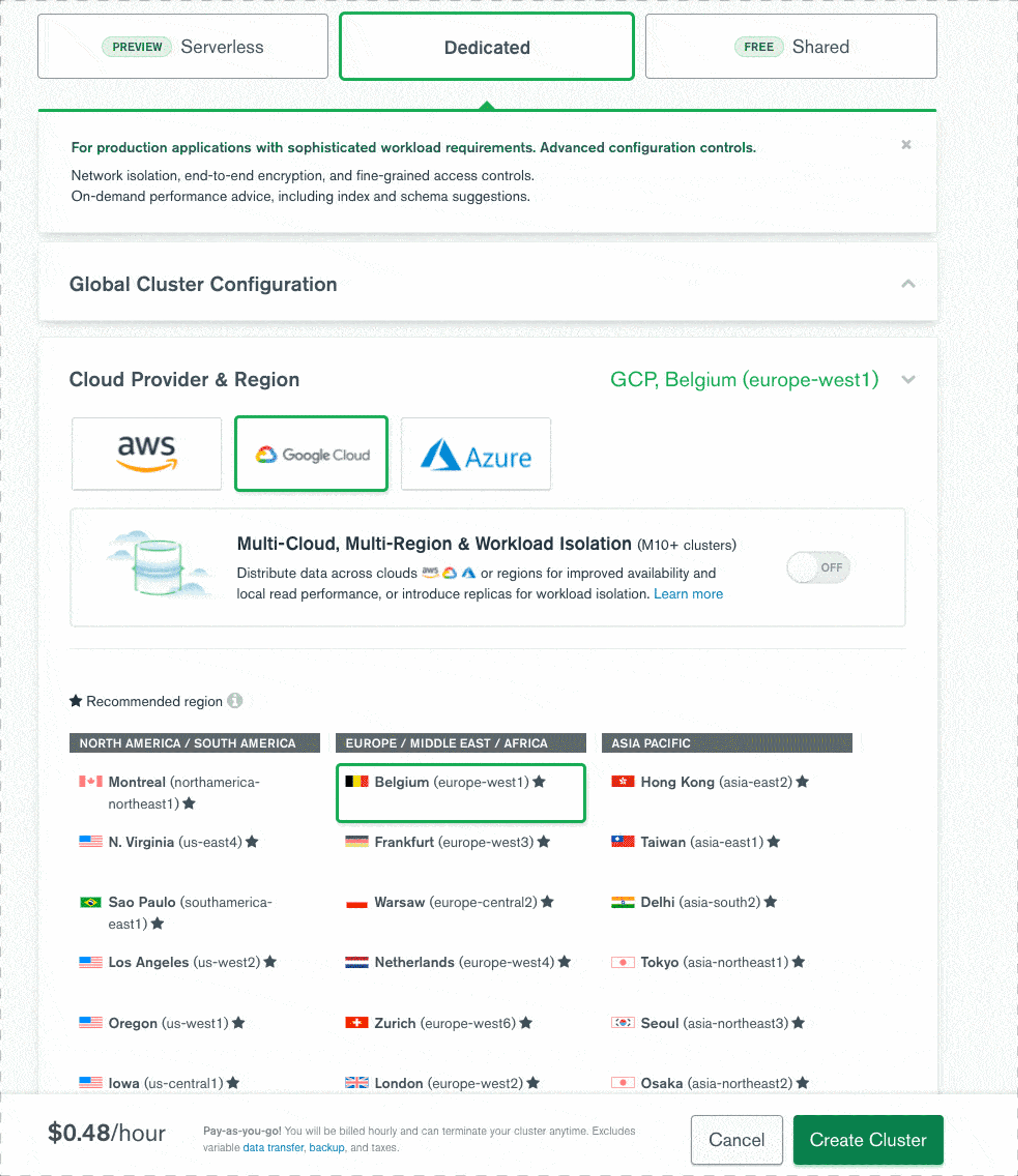 Depuis l'interface Atlas, vous pouvez choisir le nombre de noeuds et leurs répartitions à travers les 3 cloud providers