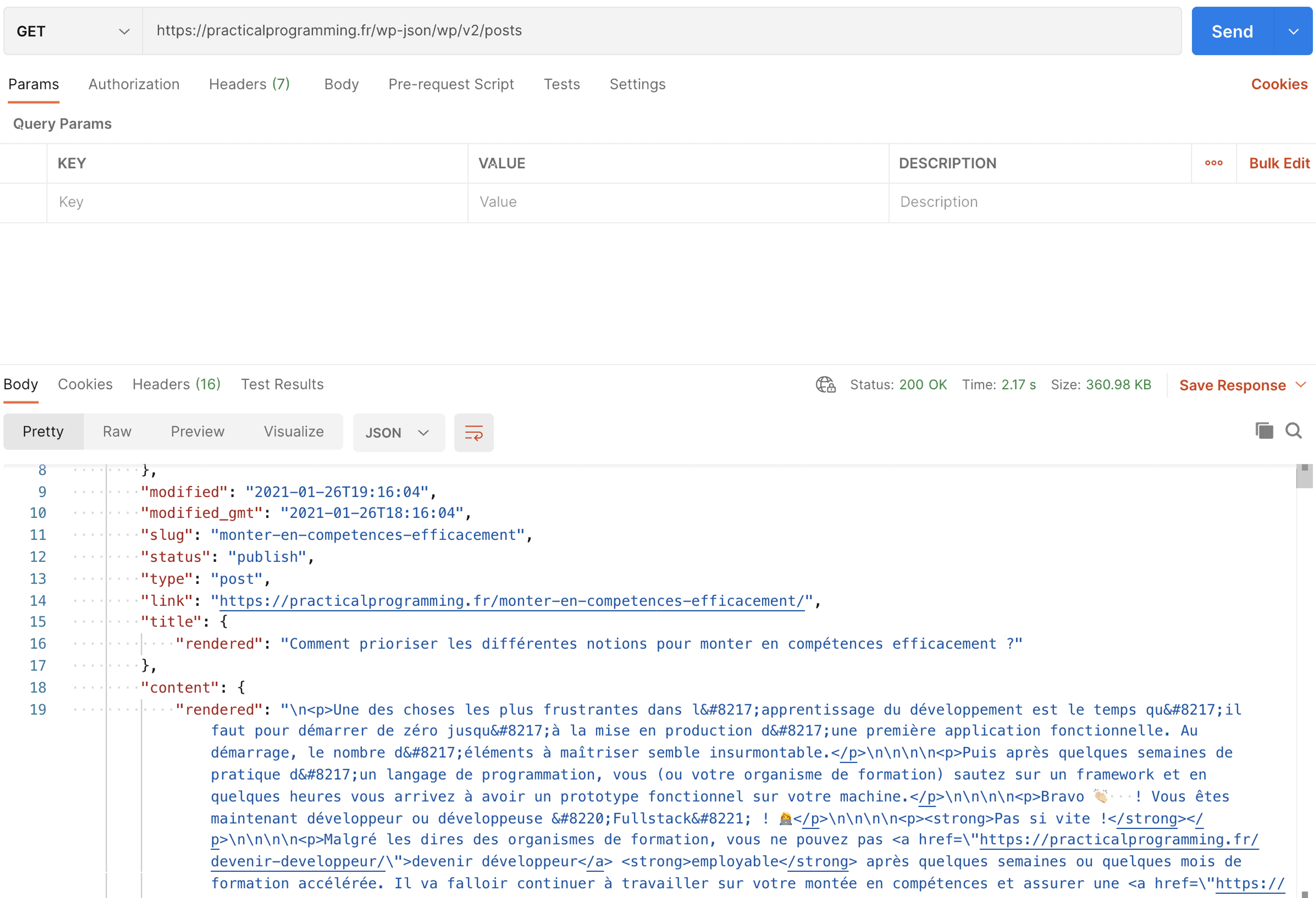 Réponse de l'API Wordpress lorsqu'on récupère les articles. Le contenu de l'article est sous forme de HTML encapsulé dans une chaîne de caractères