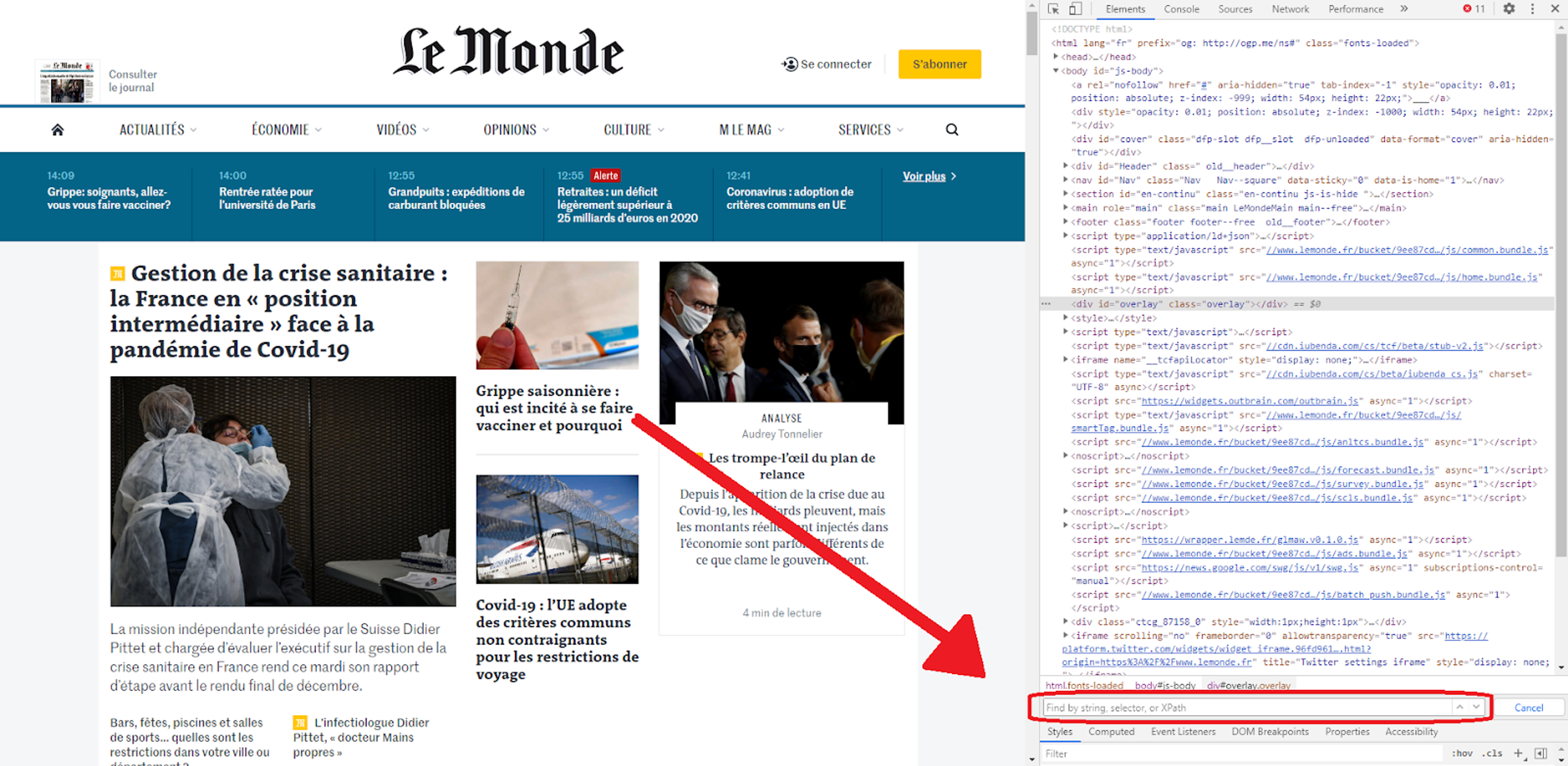 Utilisez la barre de recherche pour saisir le texte et retrouver plus rapidement le sélecteur dont vous avez besoin