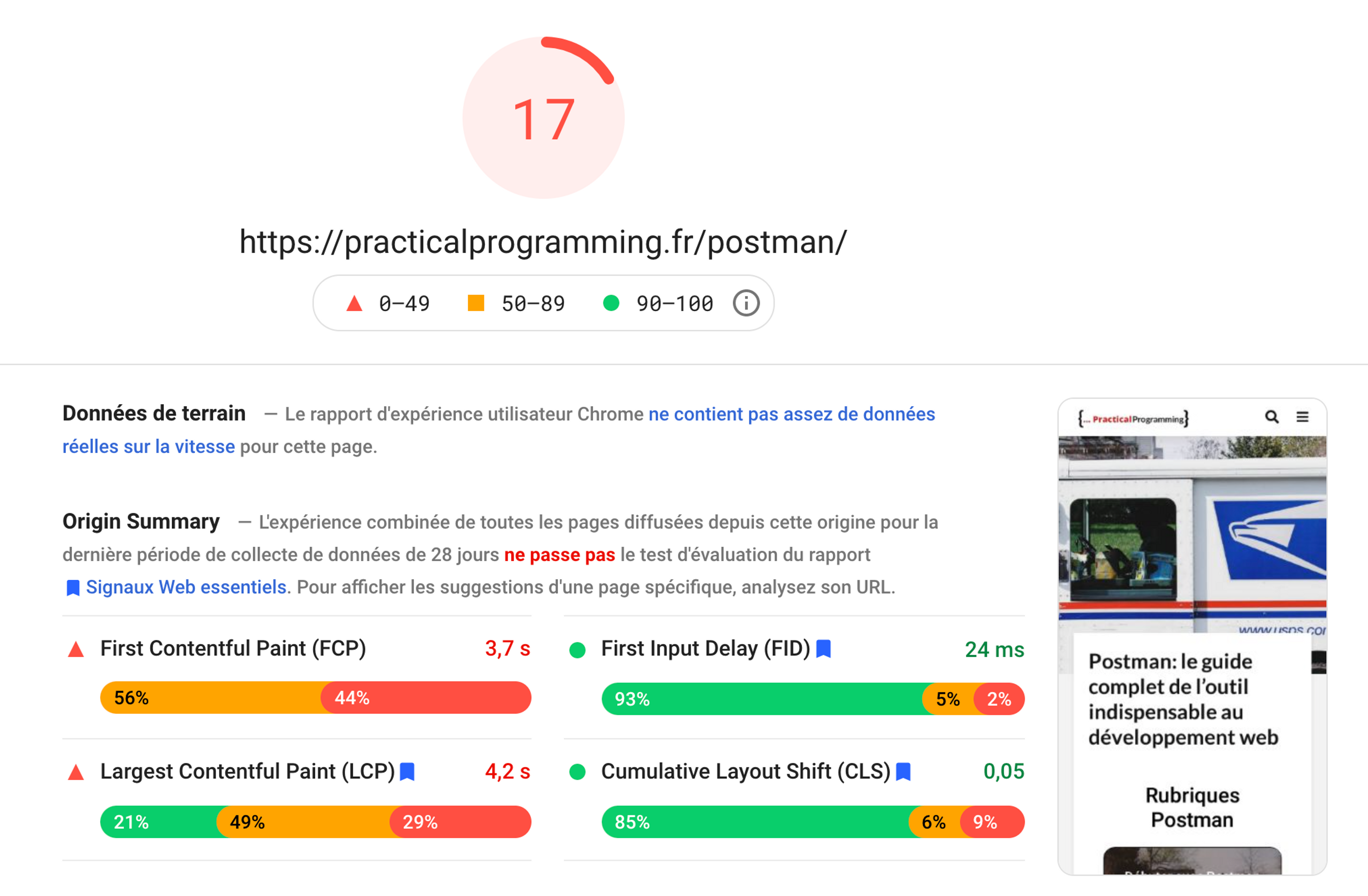 Les performances PageSpeed d'une page en version mobile hébergée sur Wordpress ont un score très bas