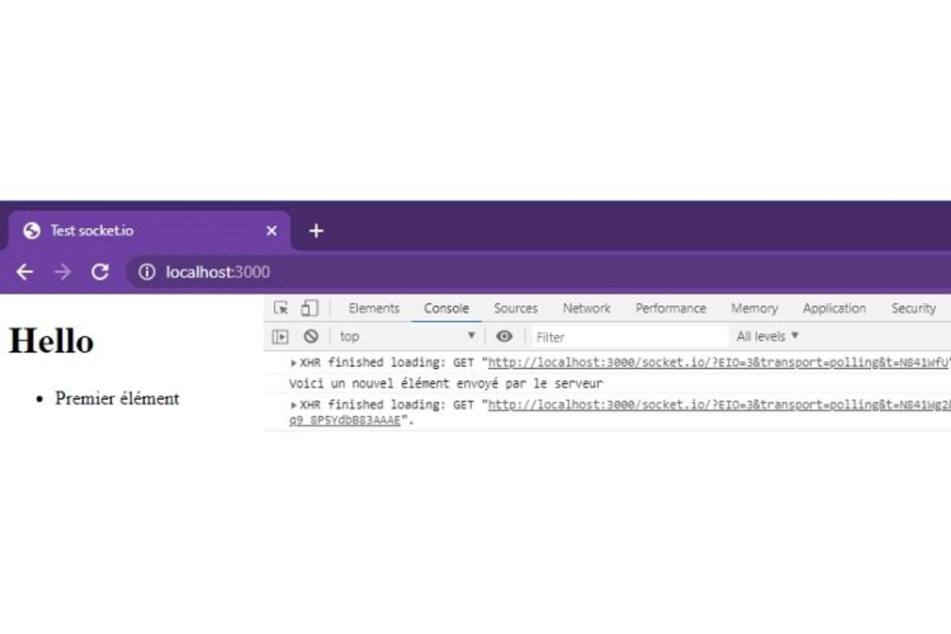 On constate bien dans la console du navigateur que le message est bien envoyé par le serveur et affiché.