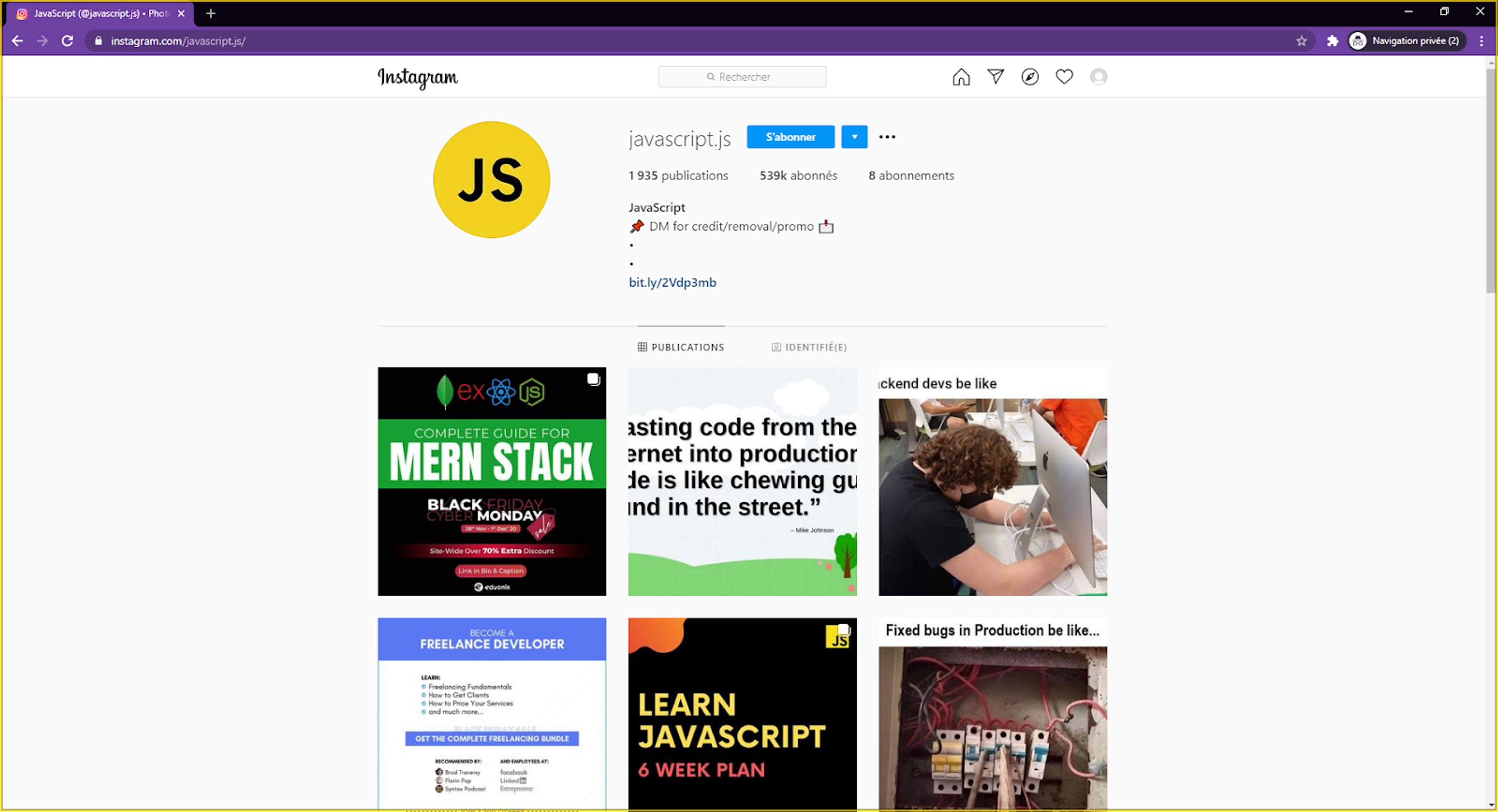 Une page utilisateur sur la web app Instagram