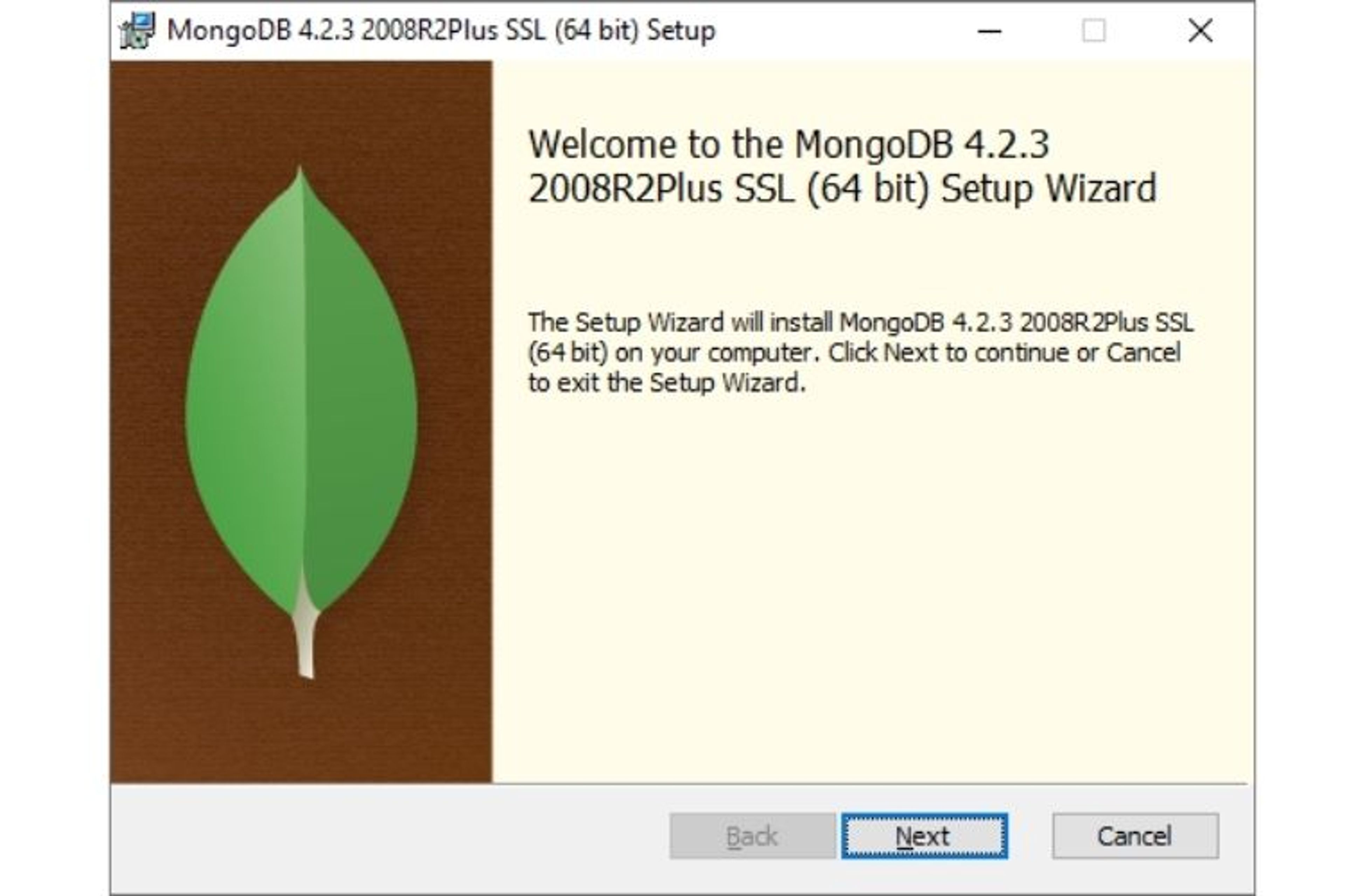 Suivre les étapes de l'installeur windows pour MongoDB