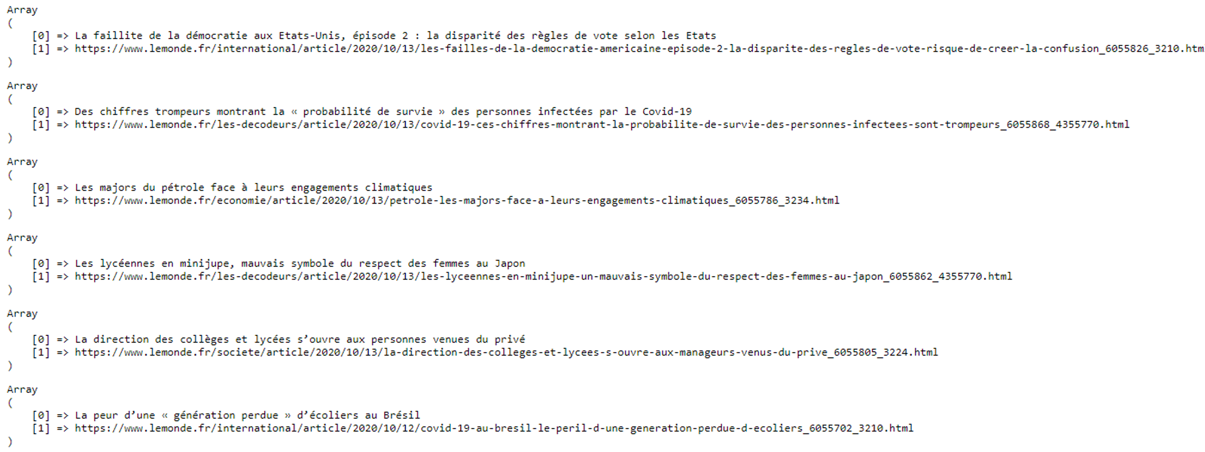 Voici les résultats des titres et des liens scrapés par notre script php