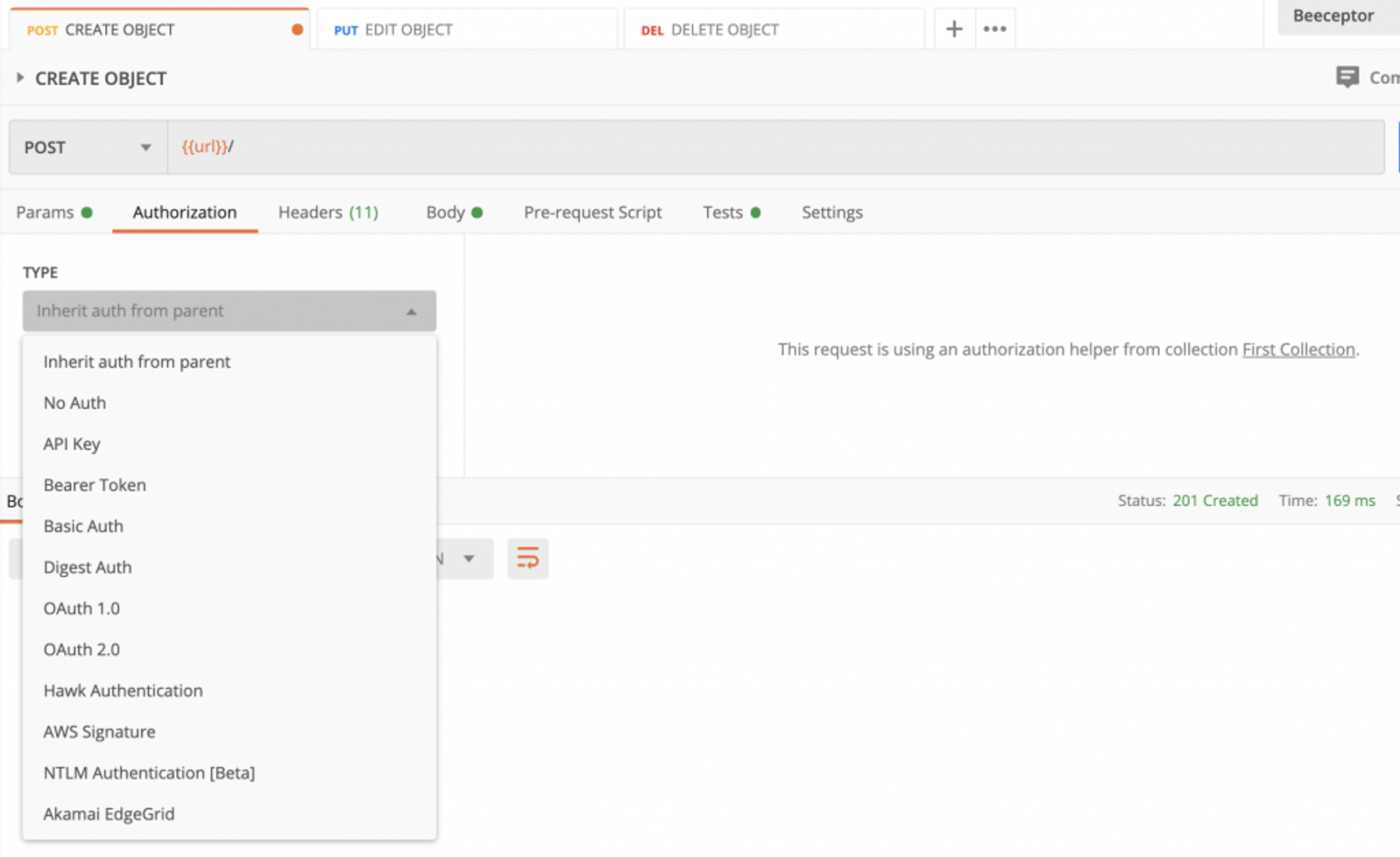 Postman propose d'authentifier vos appels api directement depuis son onglet Authorization