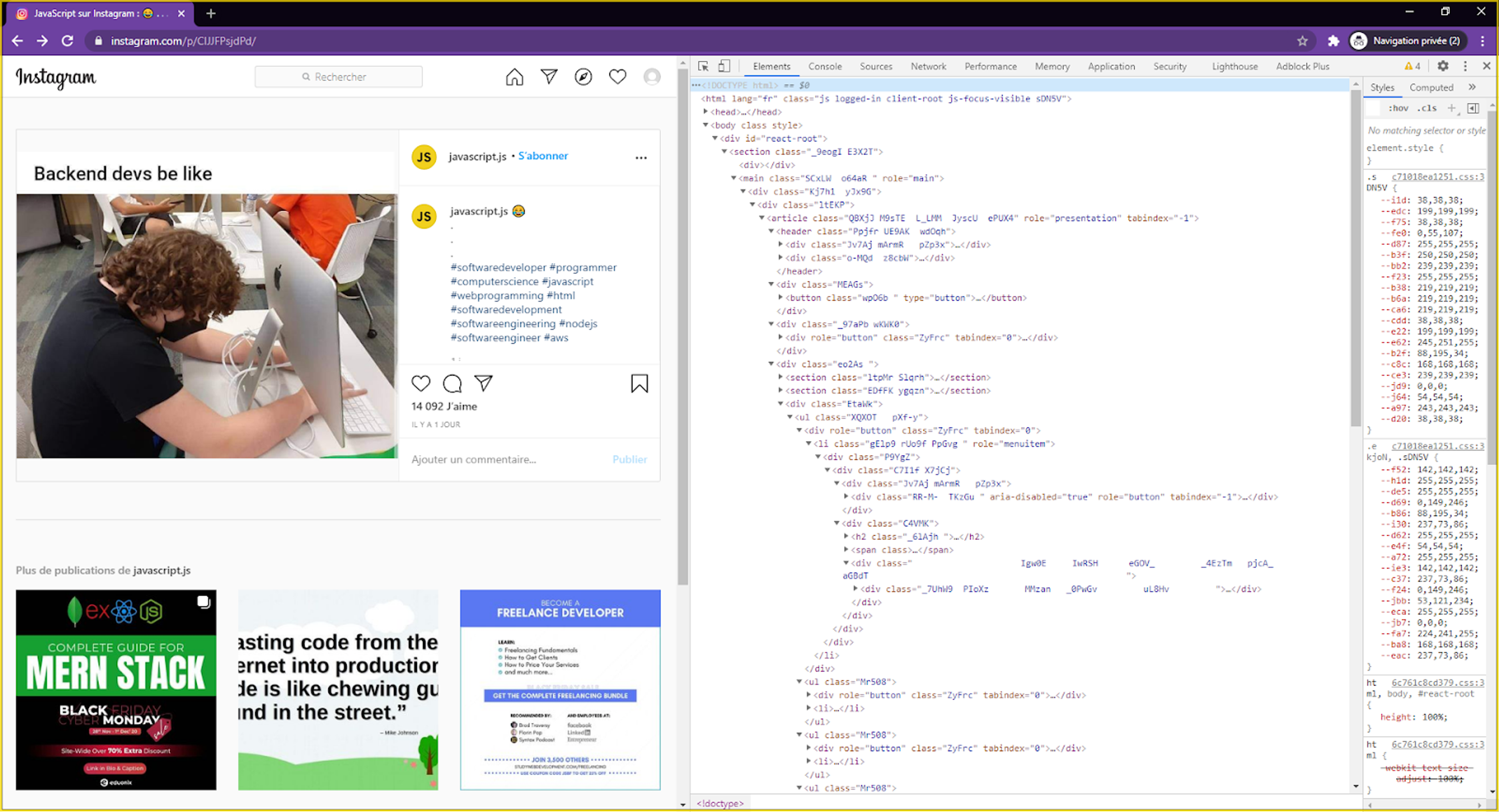 Le code source de la web app Instagram