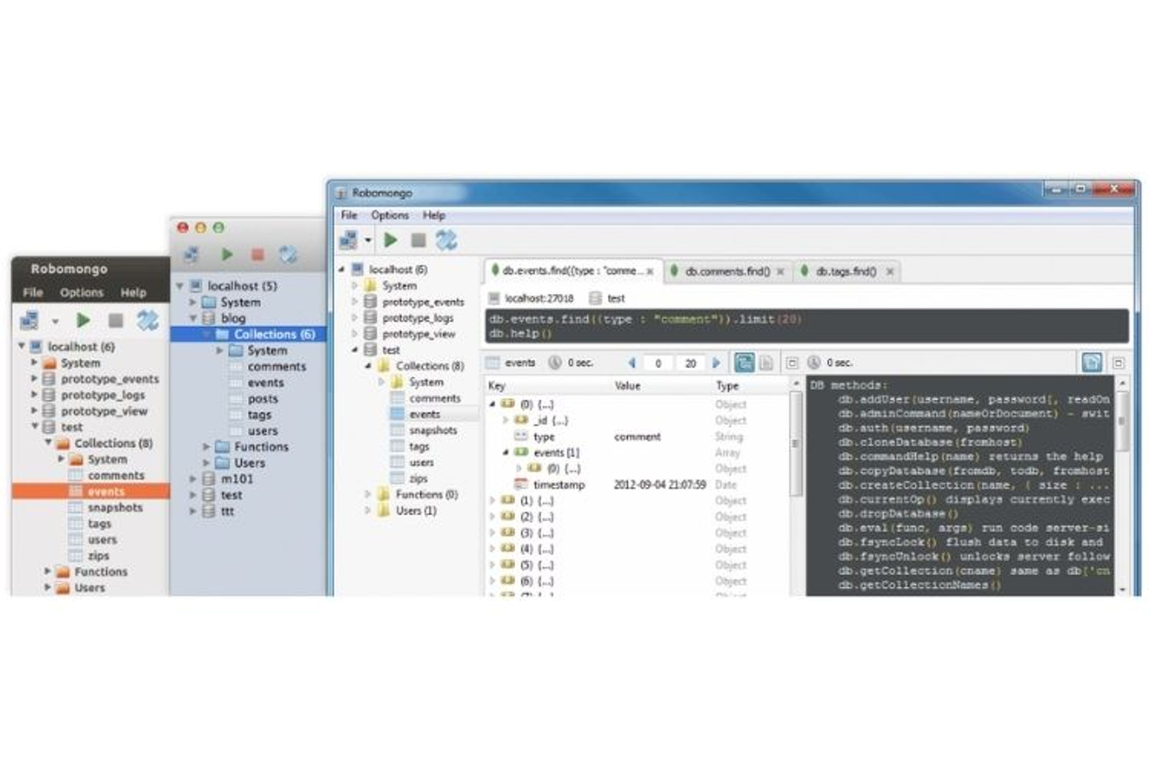 RoboMongo, aussi appelé Robo 3T, est un Mongodb Client compatible Windows, Mac et Linux.