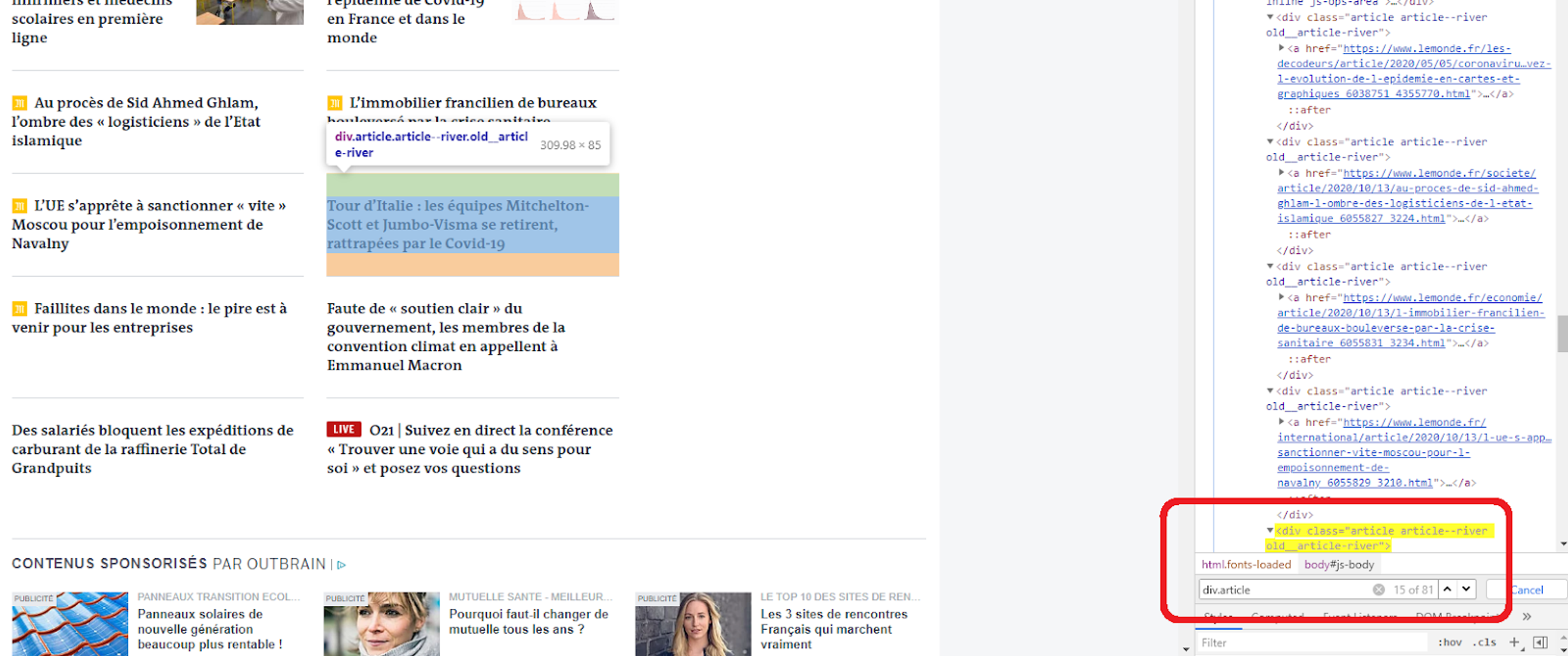 Ici nous avons retrouvé notre sélecteur Article