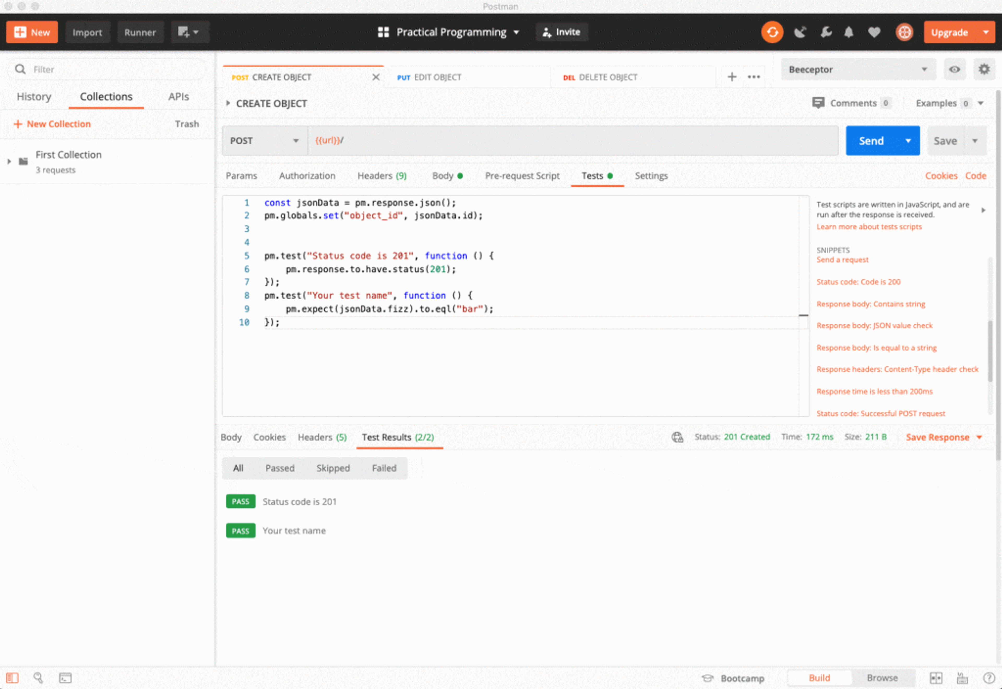 Exemple de lancement d'une suite de test api via le collection runner de postman