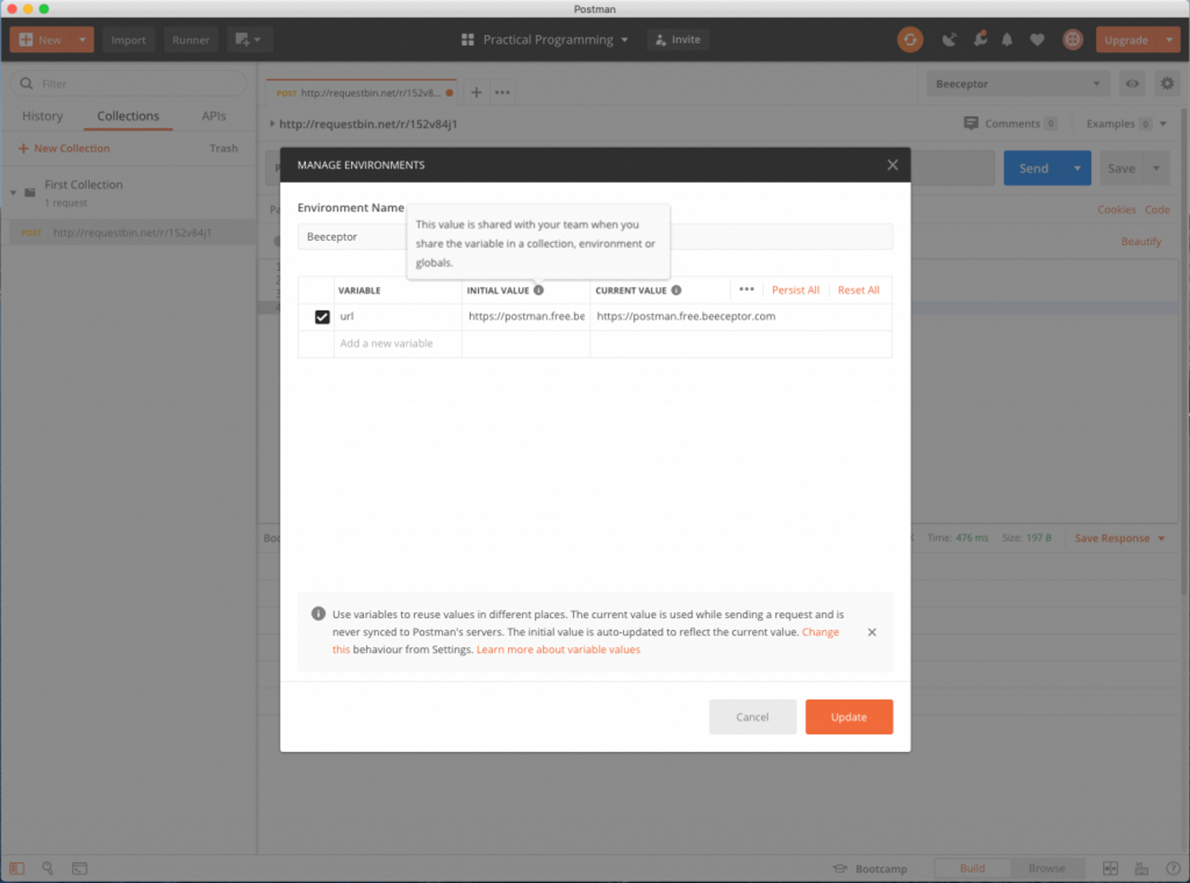 Comment modifier l'environment dans postman