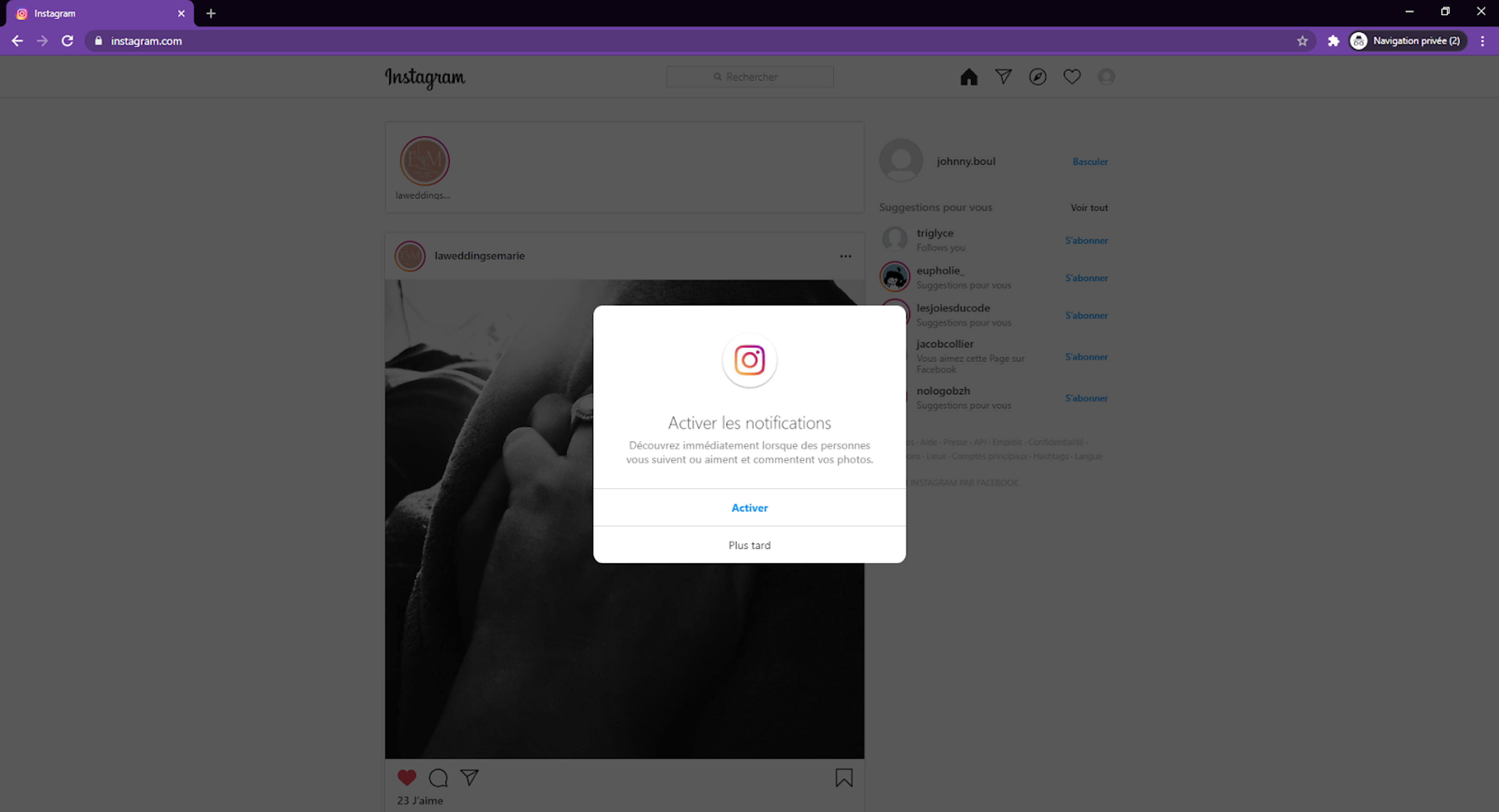 Cliquez sur "plus tard" sur la modal de notifications
