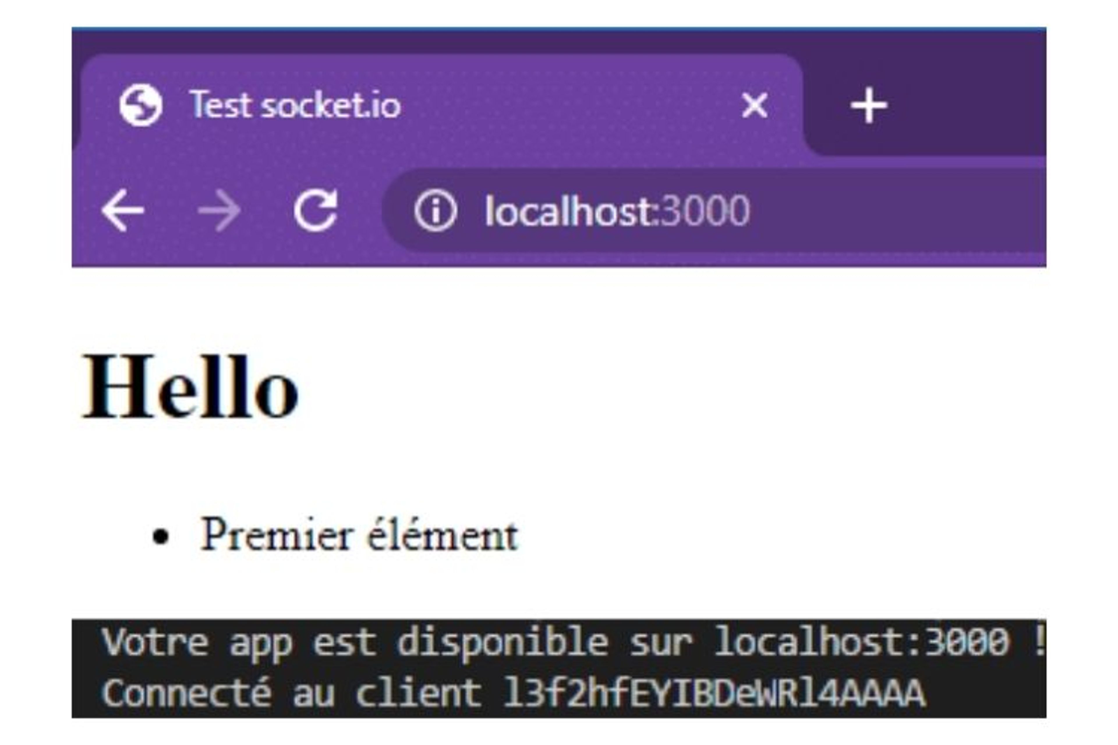 La console serveur indique : “connecté au client” suivi de l’id du client : la connexion est bien établie.